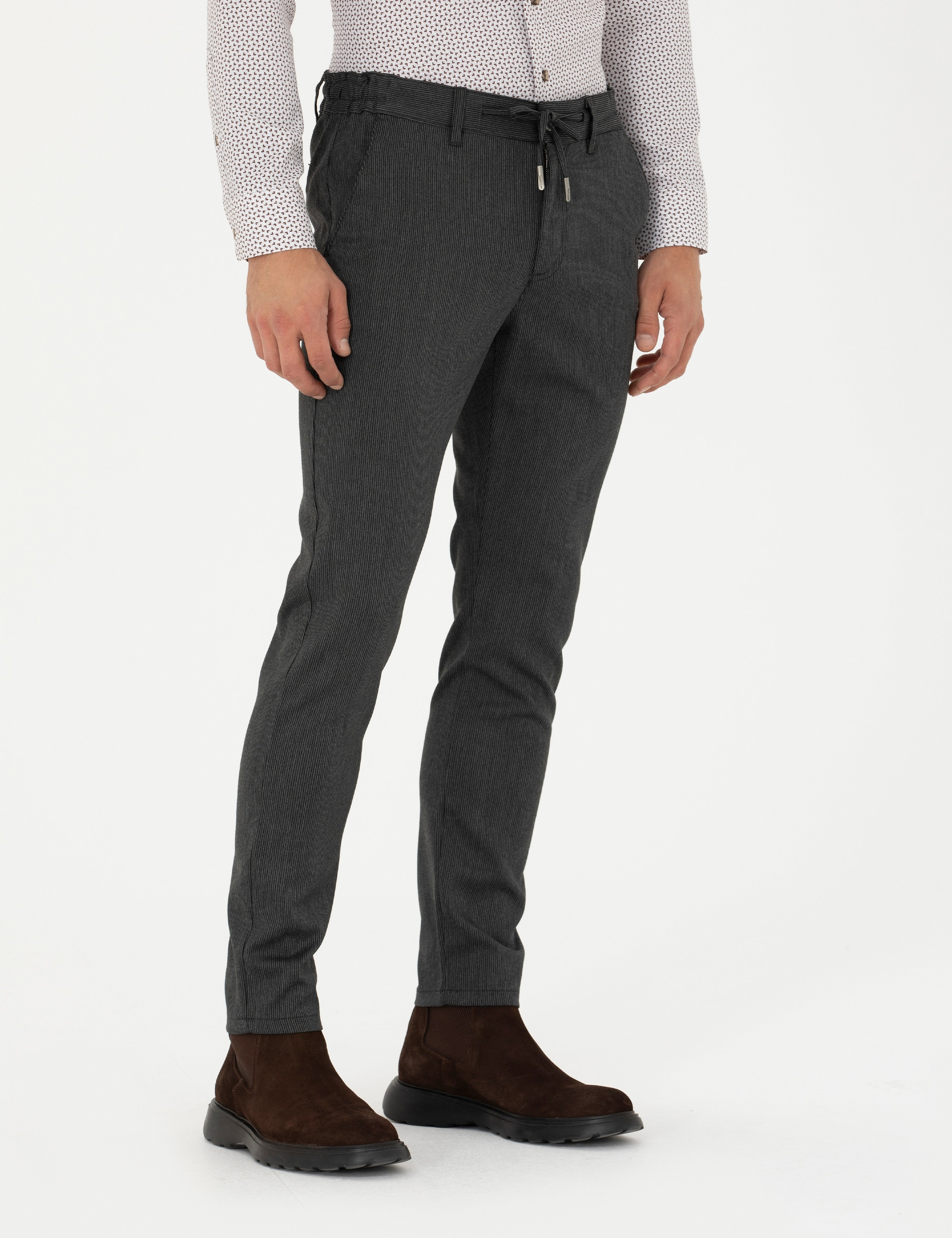 Antrasit Slim Fit Çizgili Beli Lastikli Bağcıklı Kanvas Pantolon