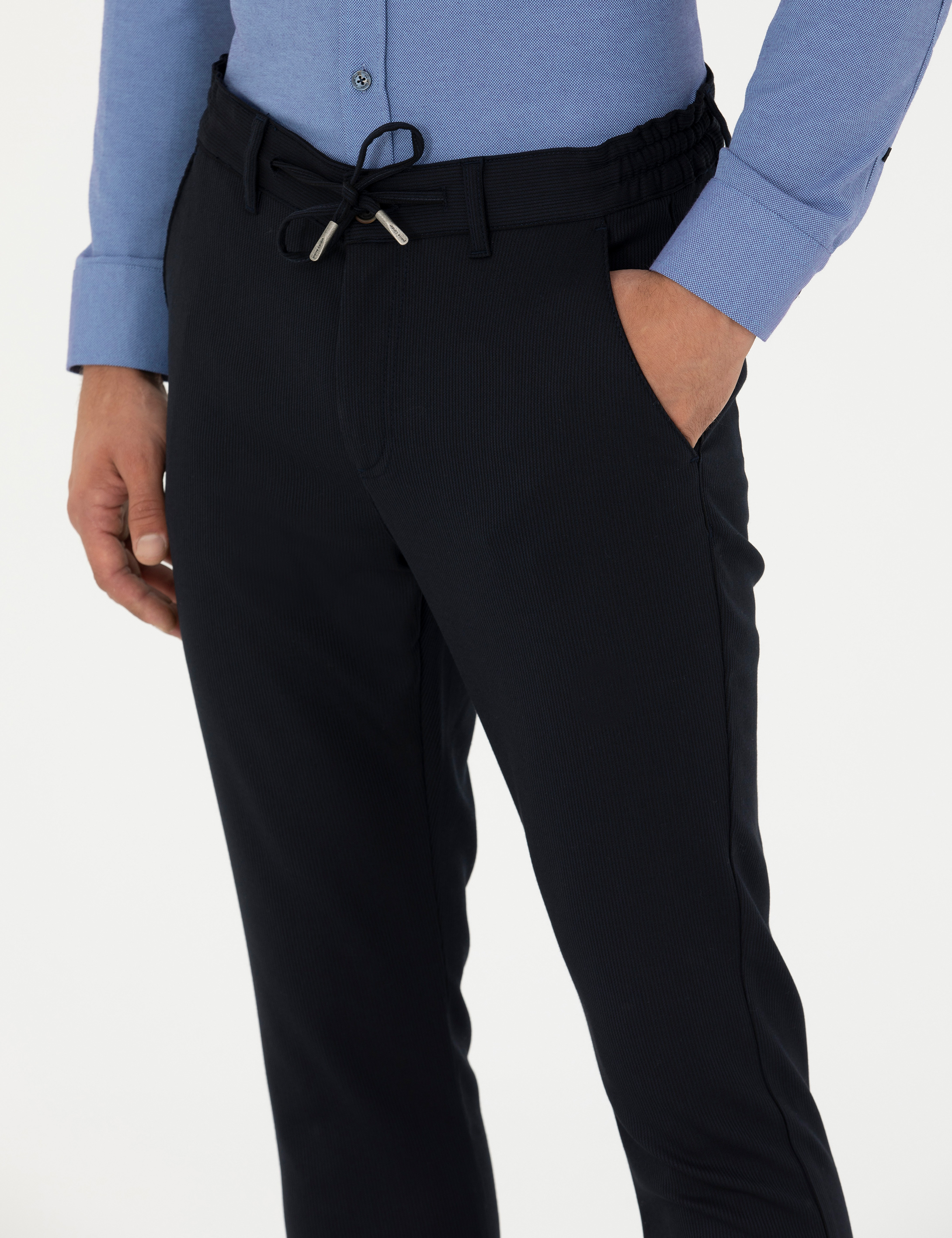 Lacivert Slim Fit Çizgili Beli Lastikli Bağcıklı Kanvas Pantolon - Image 6