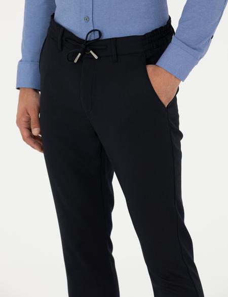 Lacivert Slim Fit Çizgili Beli Lastikli Bağcıklı Kanvas Pantolon - 50279389156