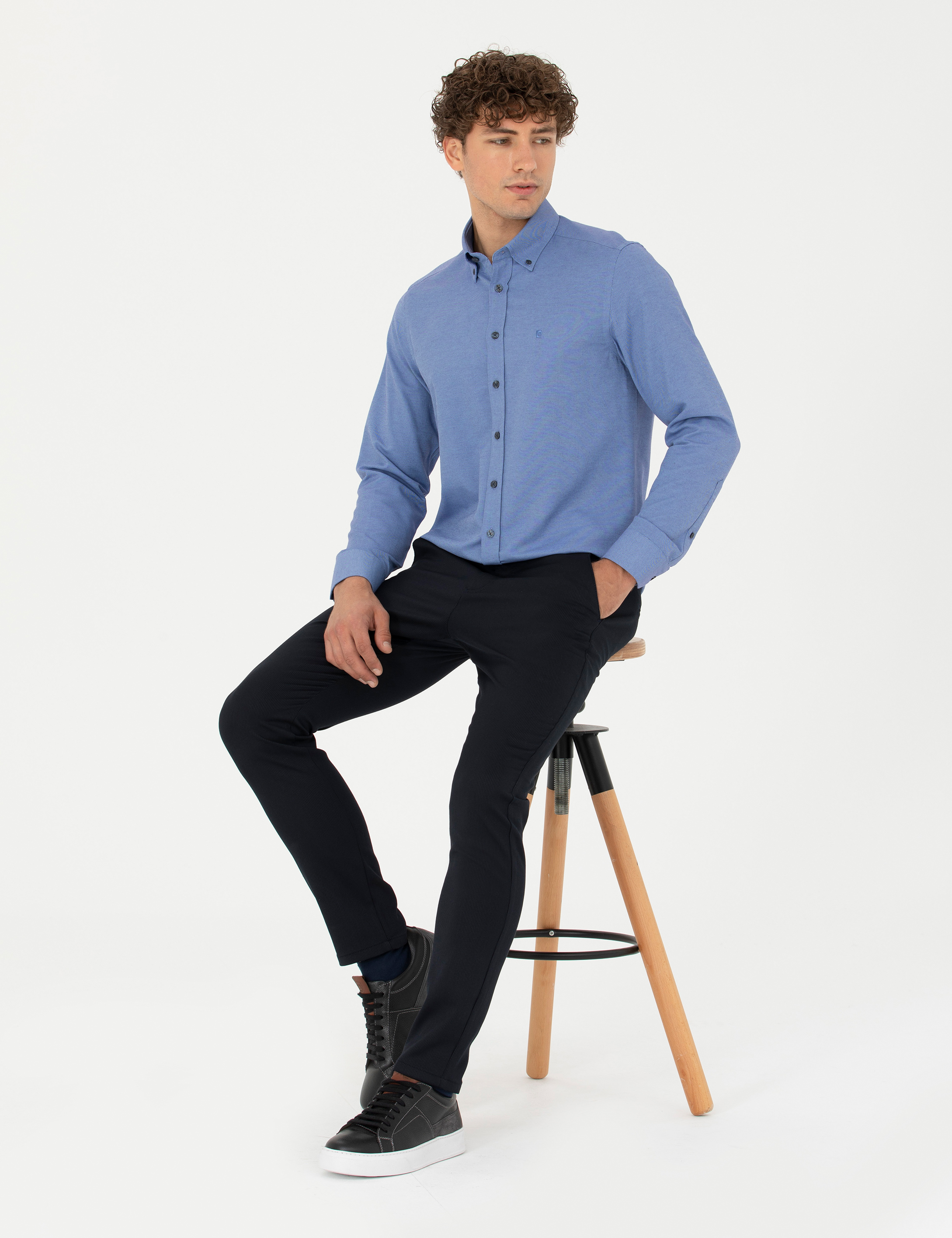 Lacivert Slim Fit Çizgili Beli Lastikli Bağcıklı Kanvas Pantolon