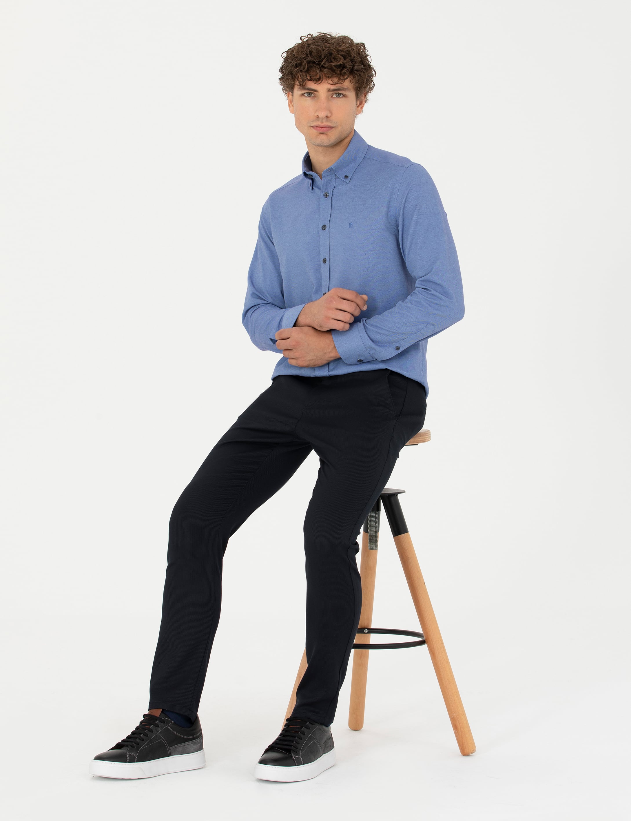 Lacivert Slim Fit Çizgili Beli Lastikli Bağcıklı Kanvas Pantolon