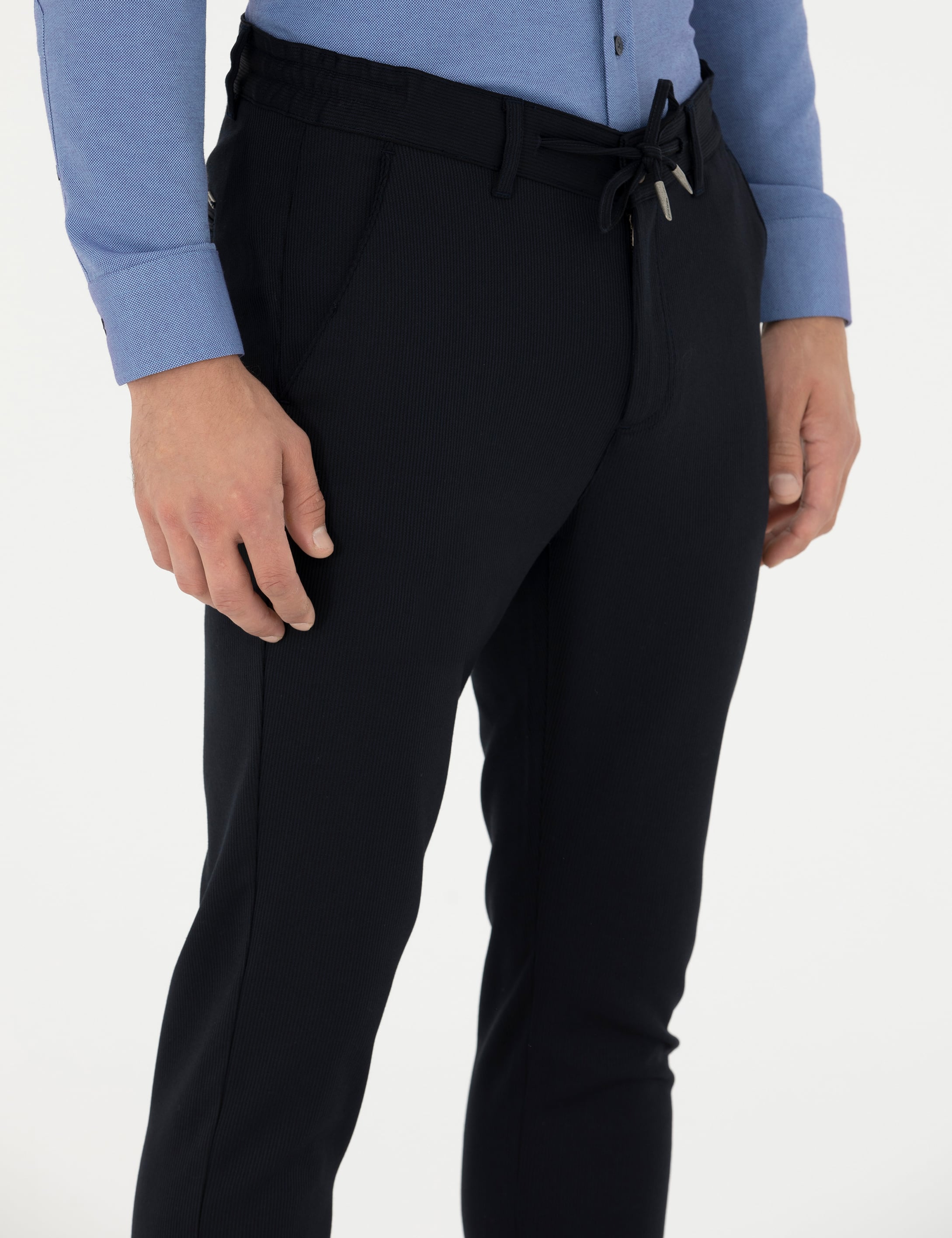 Lacivert Slim Fit Çizgili Beli Lastikli Bağcıklı Kanvas Pantolon