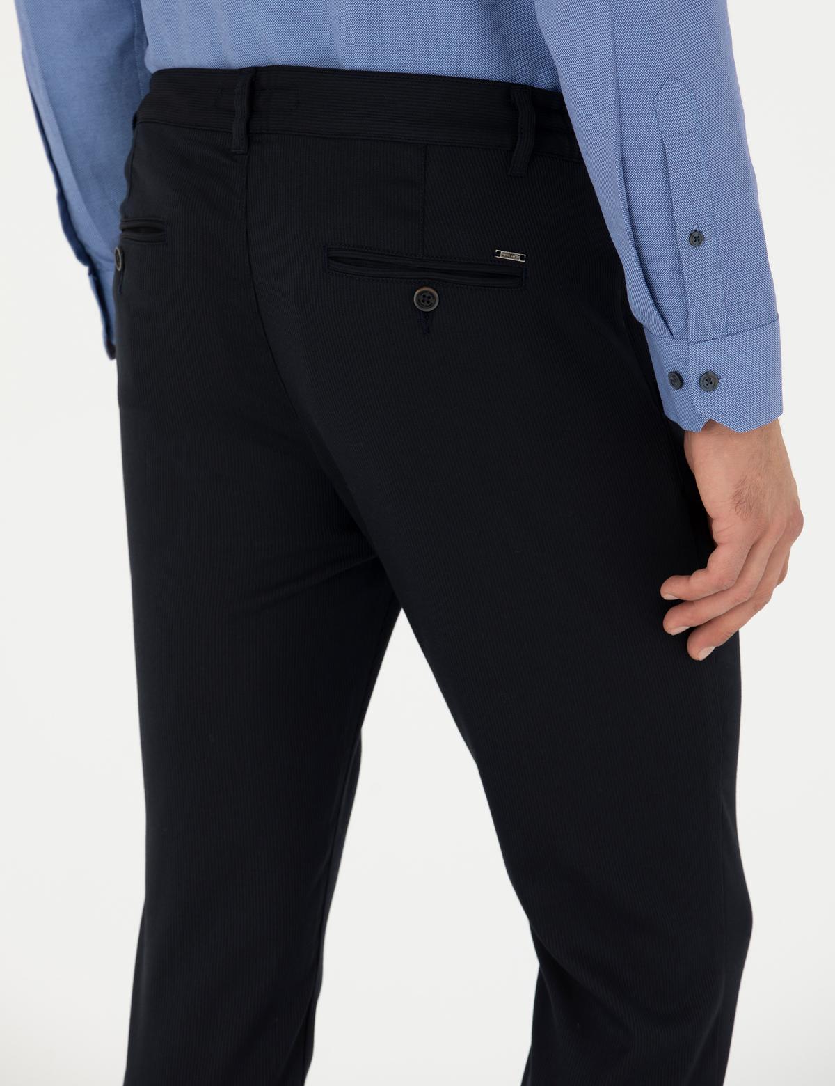 Lacivert Slim Fit Çizgili Beli Lastikli Bağcıklı Kanvas Pantolon - 50279389156