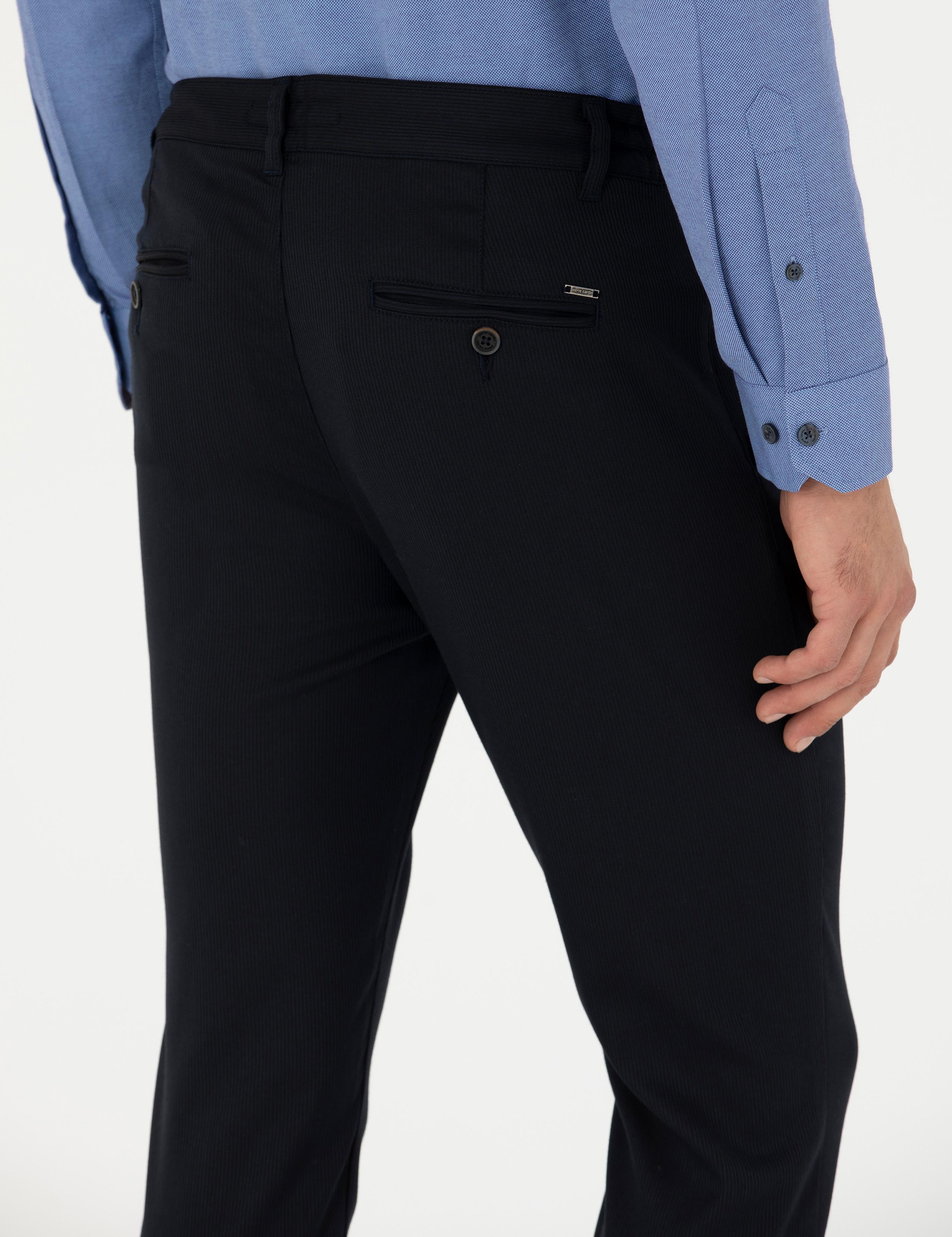 Lacivert Slim Fit Çizgili Beli Lastikli Bağcıklı Kanvas Pantolon