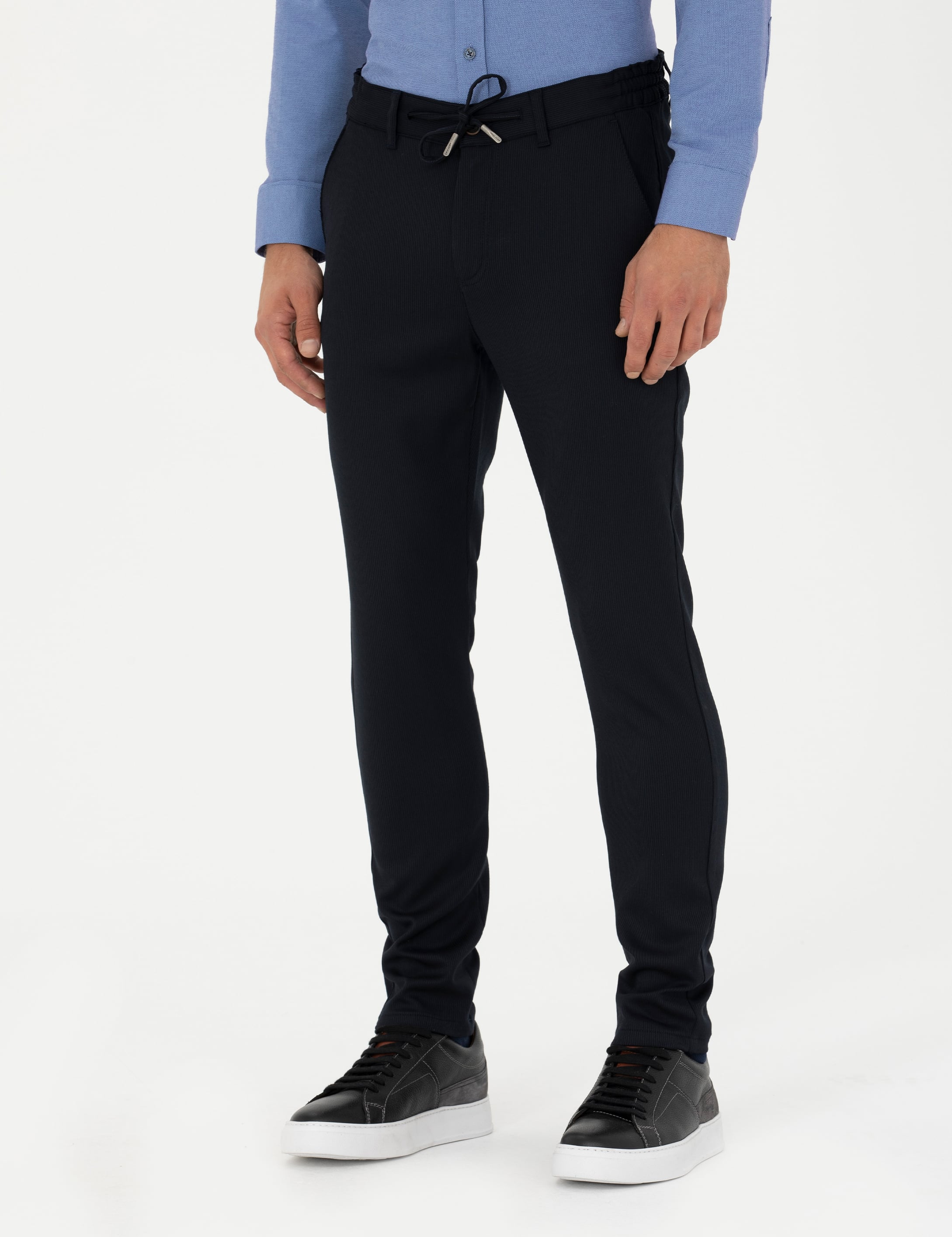 Lacivert Slim Fit Çizgili Beli Lastikli Bağcıklı Kanvas Pantolon - Image 2