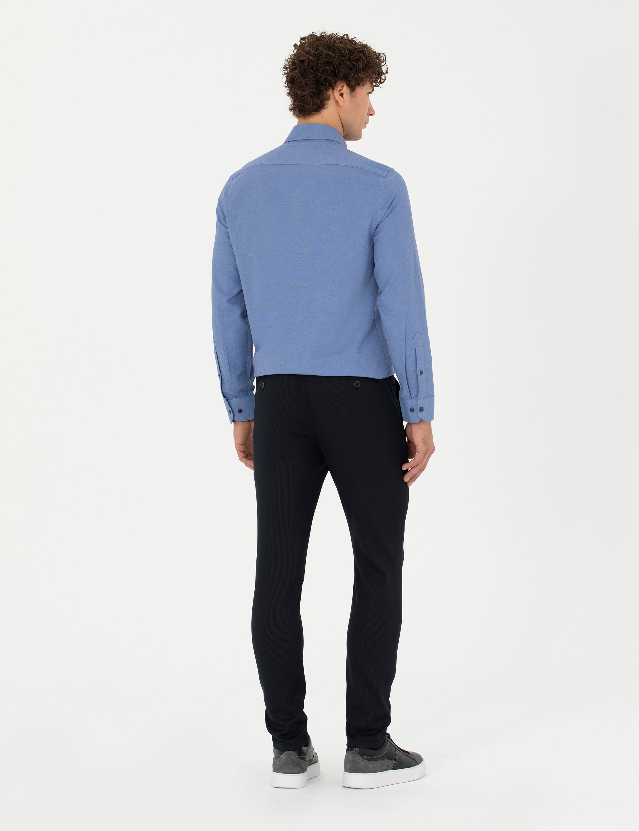 Lacivert Slim Fit Çizgili Beli Lastikli Bağcıklı Kanvas Pantolon - Image 4