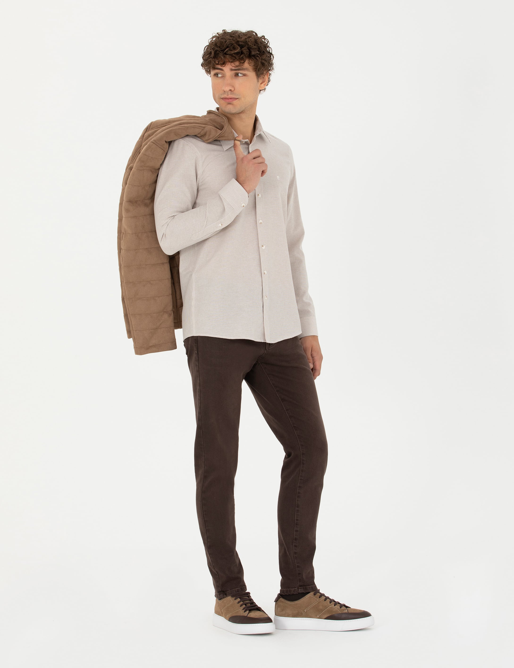 Bej Slim Fit Uzun Kollu Gömlek