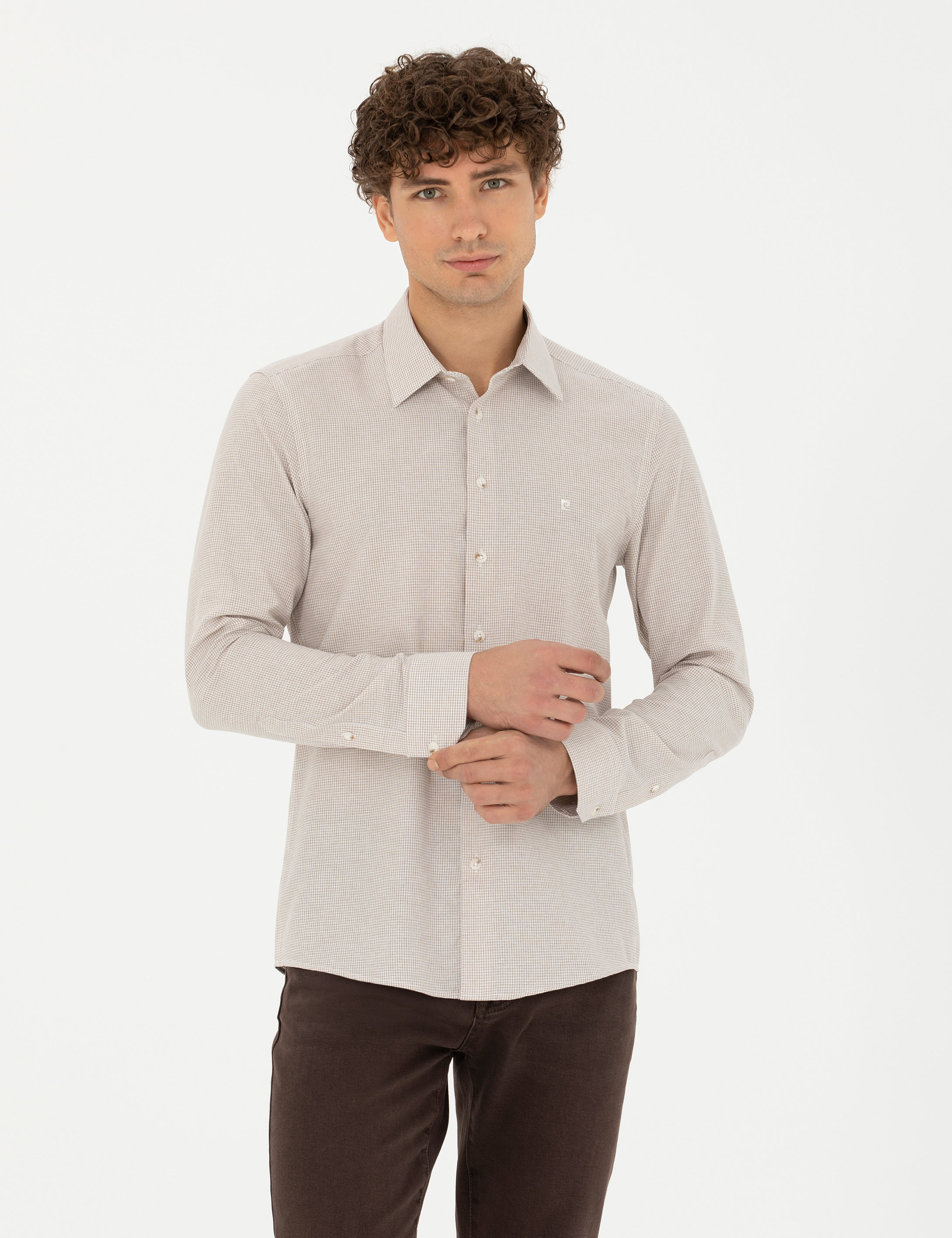 Bej Slim Fit Uzun Kollu Gömlek - Image 3