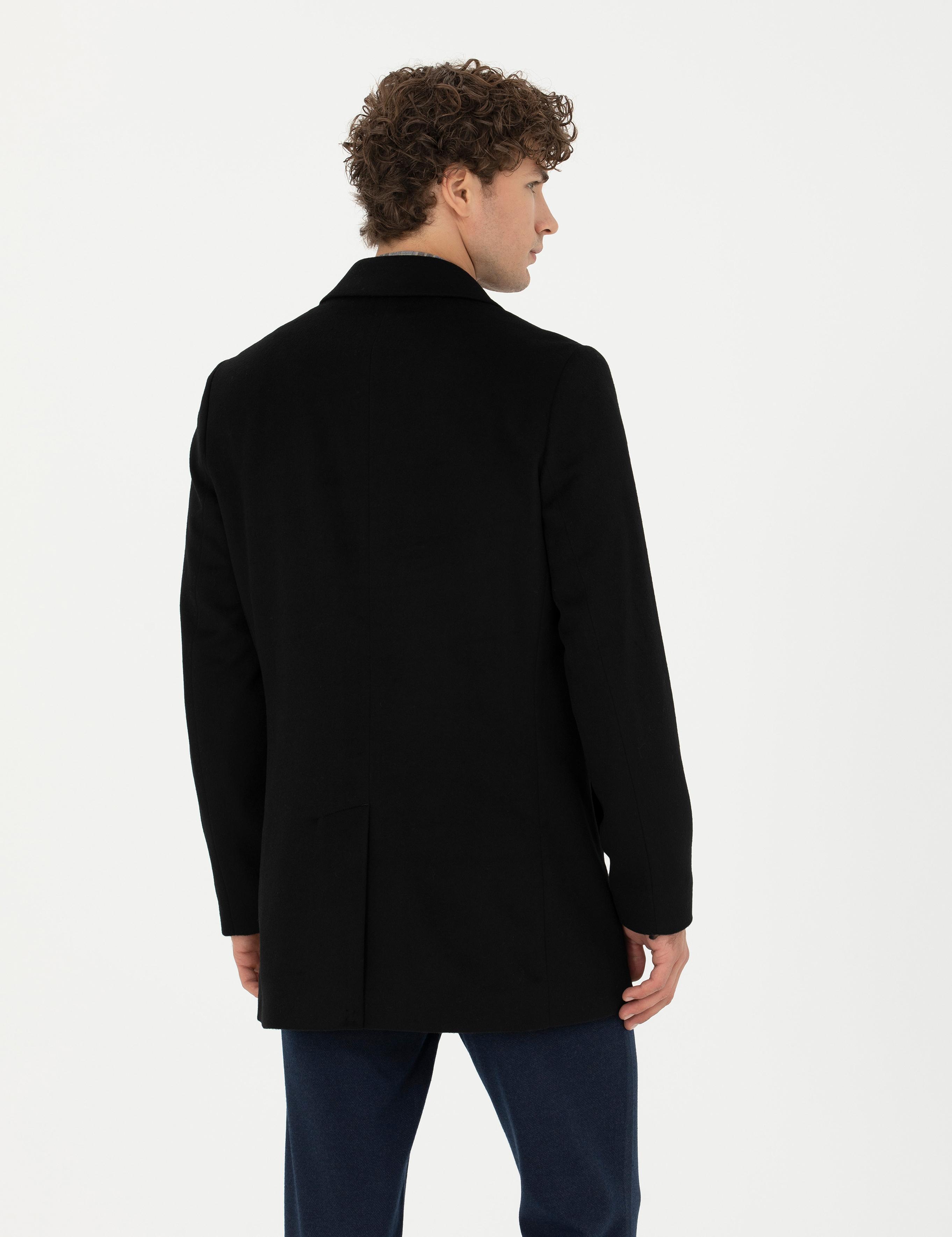 Siyah Yün Karışımlı Ekstra Slim Fit Kaşe Kaban