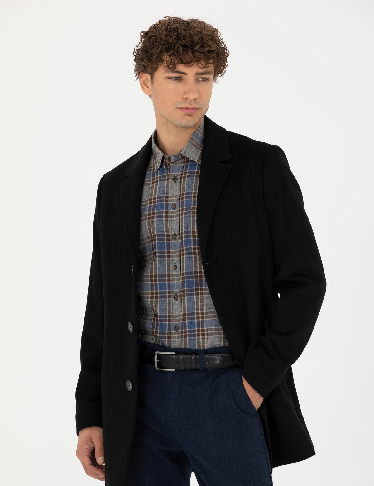 Siyah Yün Karışımlı Ekstra Slim Fit Kaşe Kaban - 50270887009