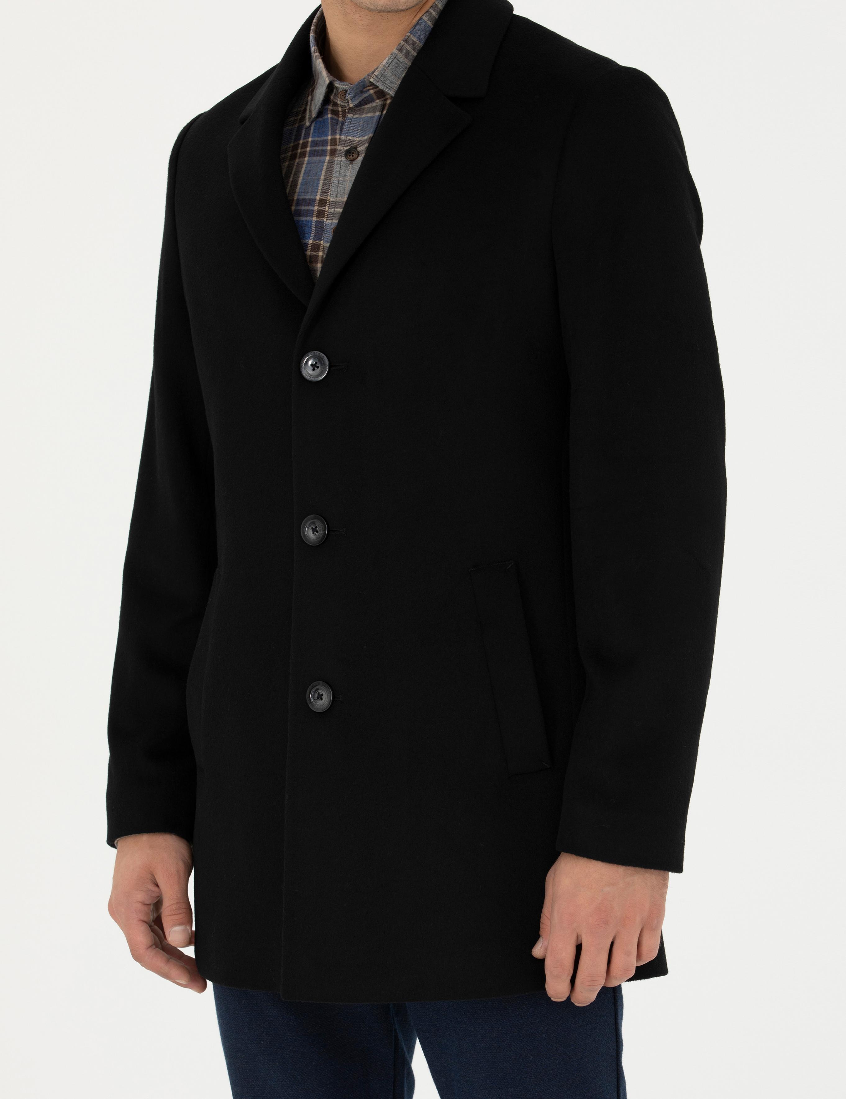 Siyah Yün Karışımlı Ekstra Slim Fit Kaşe Kaban