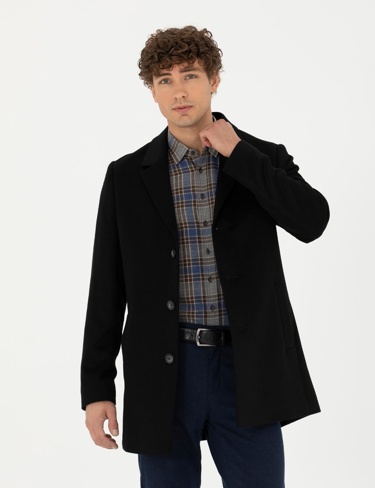 Siyah Yün Karışımlı Ekstra Slim Fit Kaşe Kaban