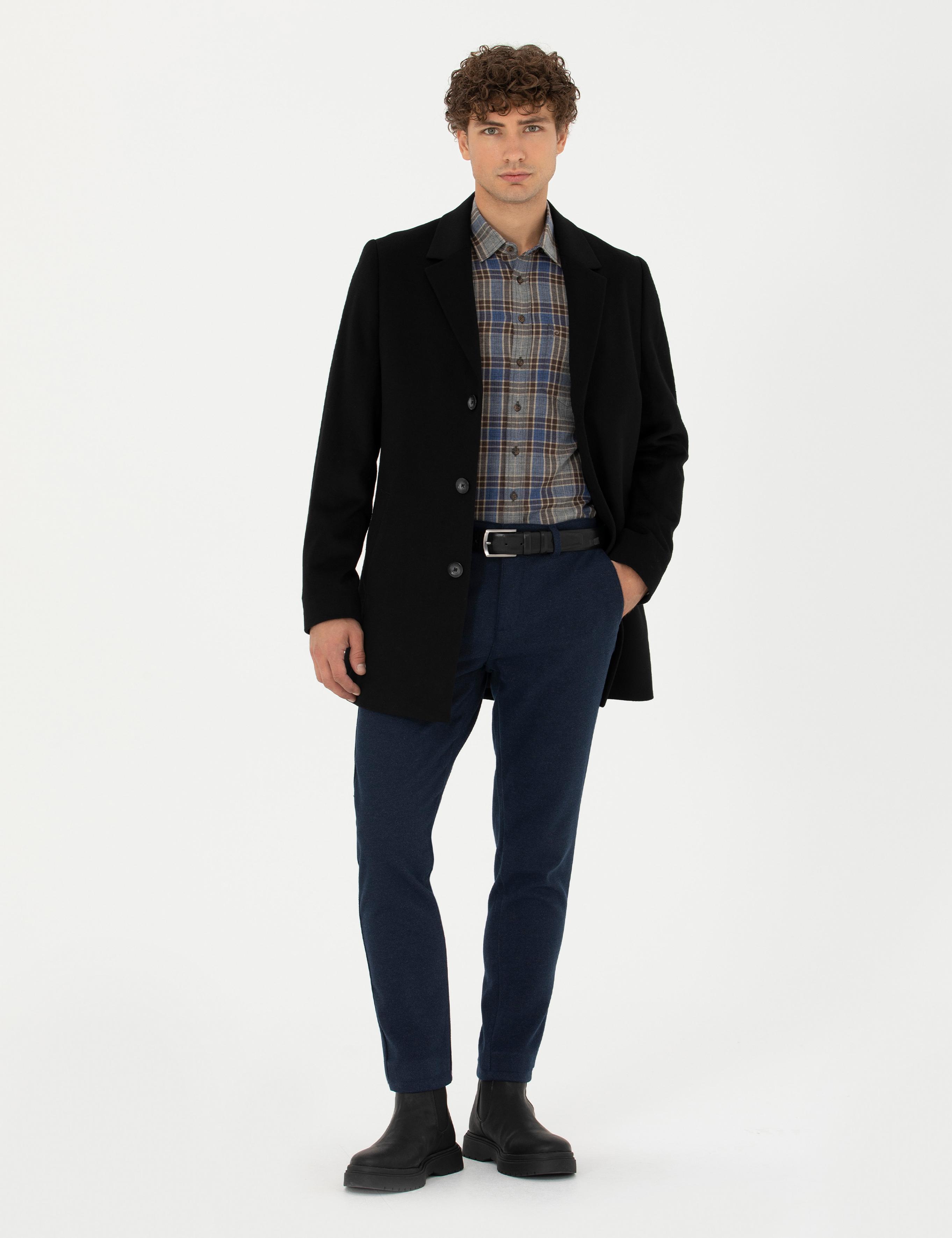 Siyah Yün Karışımlı Ekstra Slim Fit Kaşe Kaban