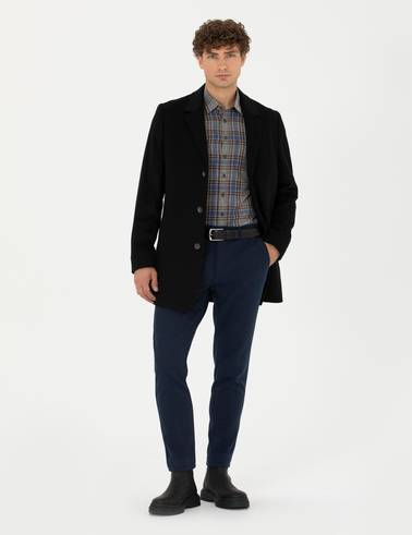 Siyah Yün Karışımlı Ekstra Slim Fit Kaşe Kaban