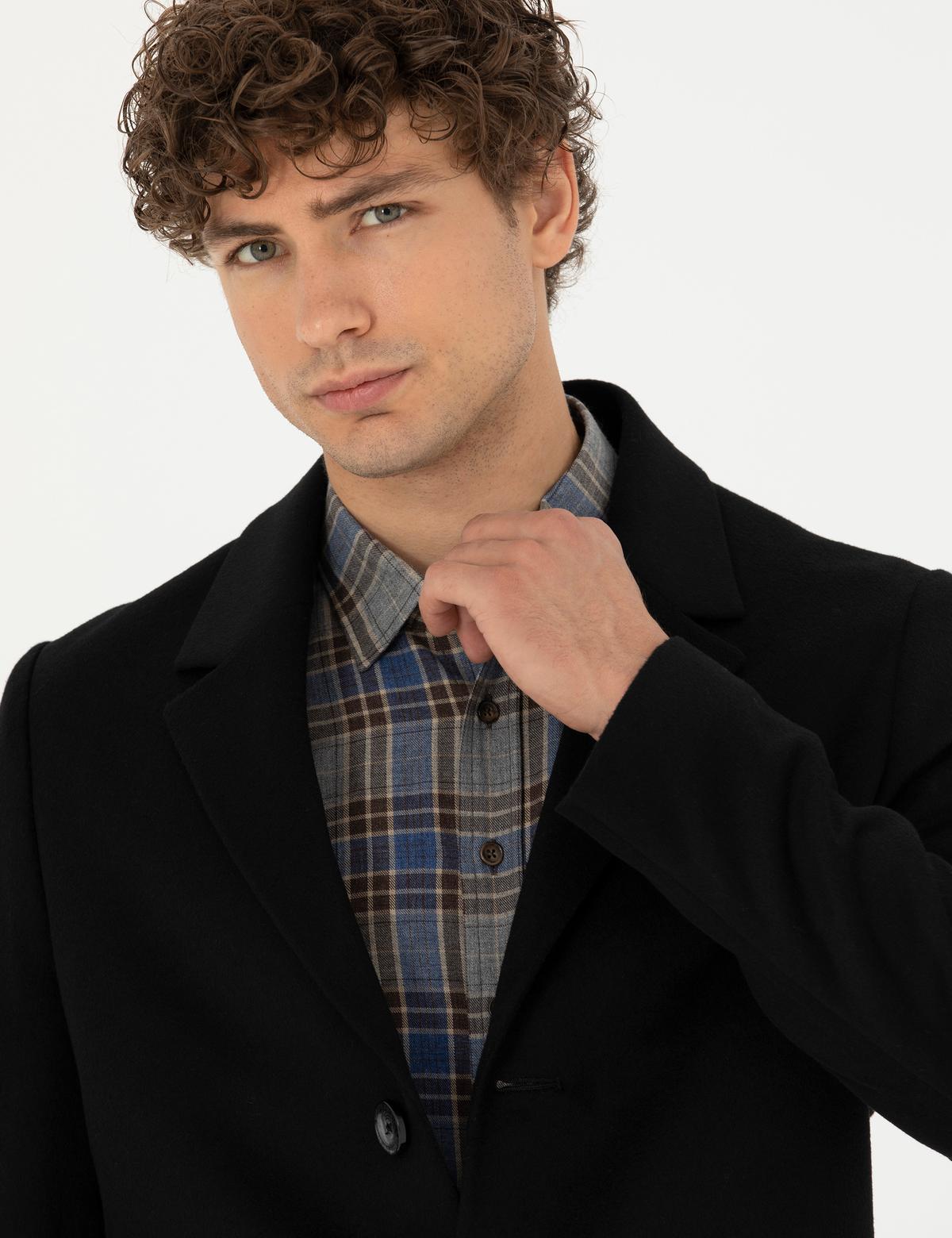 Siyah Yün Karışımlı Ekstra Slim Fit Kaşe Kaban - 50270887009