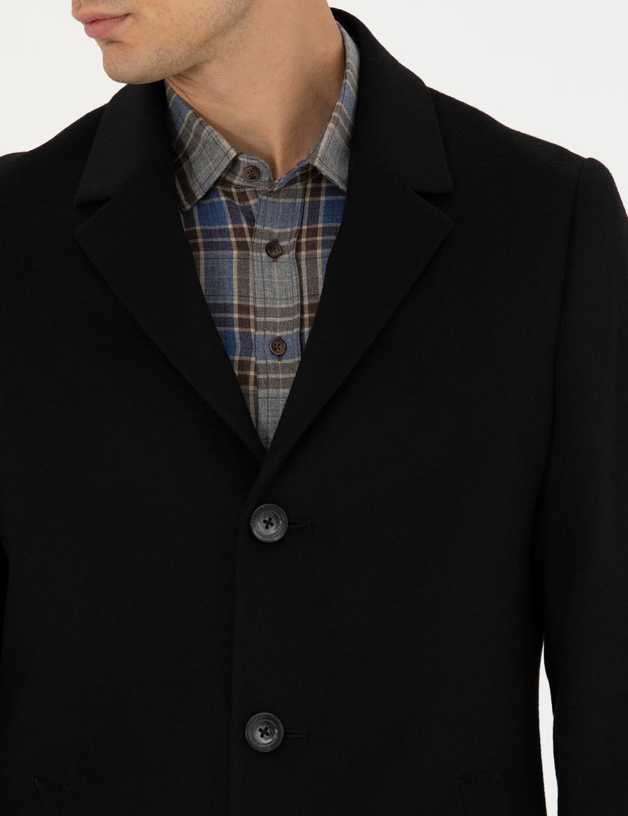 Siyah Yün Karışımlı Ekstra Slim Fit Kaşe Kaban