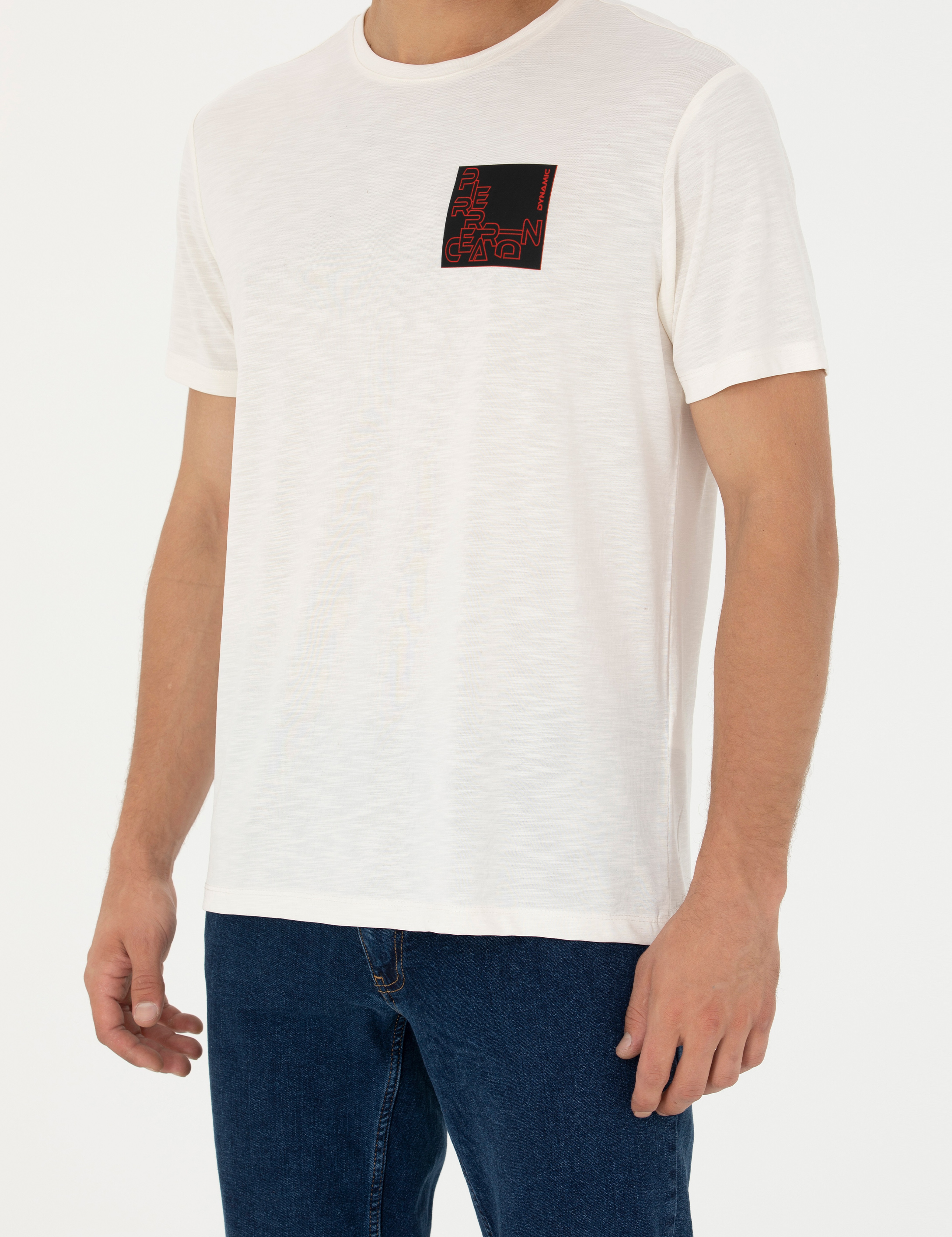 Ekru Slim Fit Bisiklet Yaka Tişört - Image 6