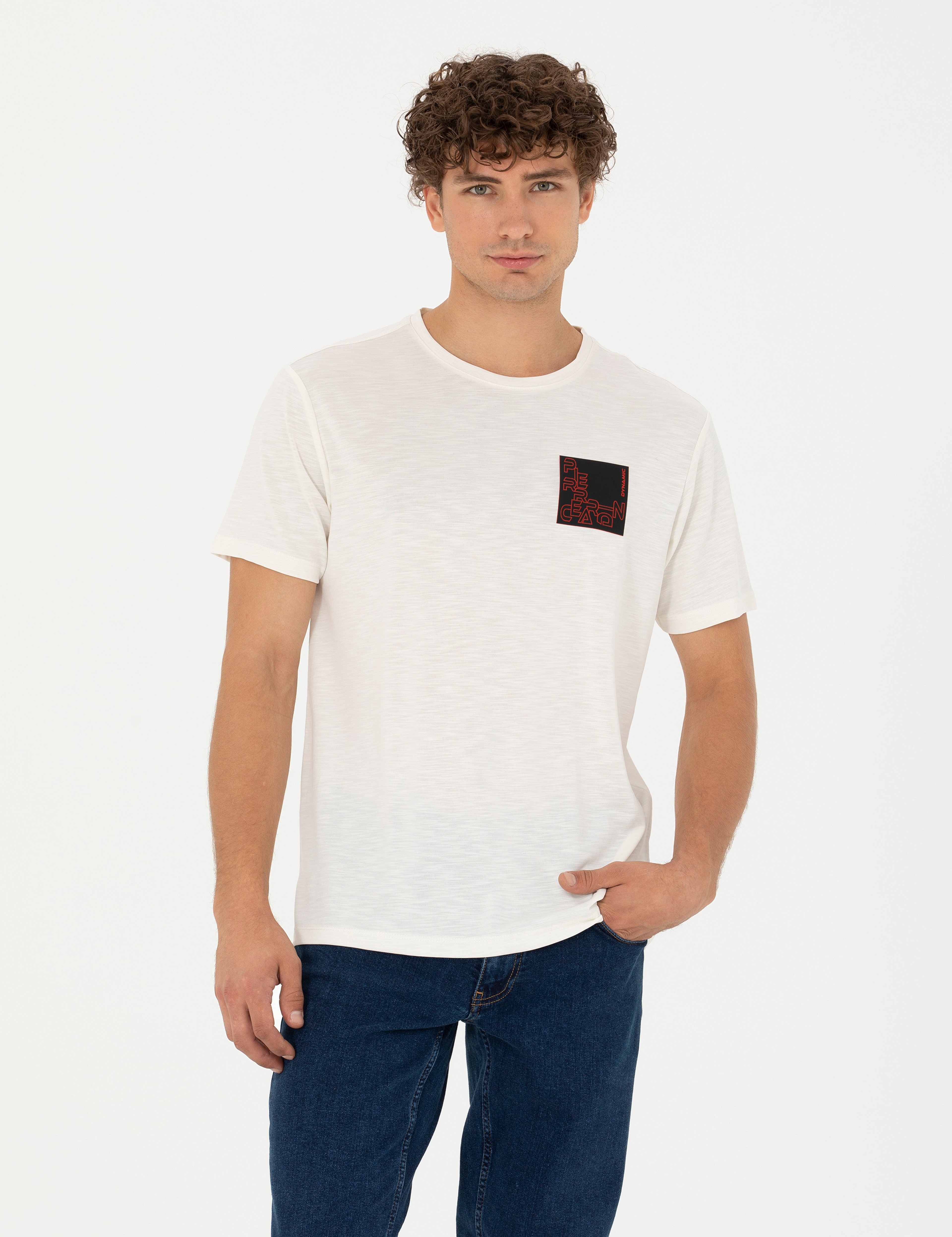Ekru Slim Fit Bisiklet Yaka Tişört