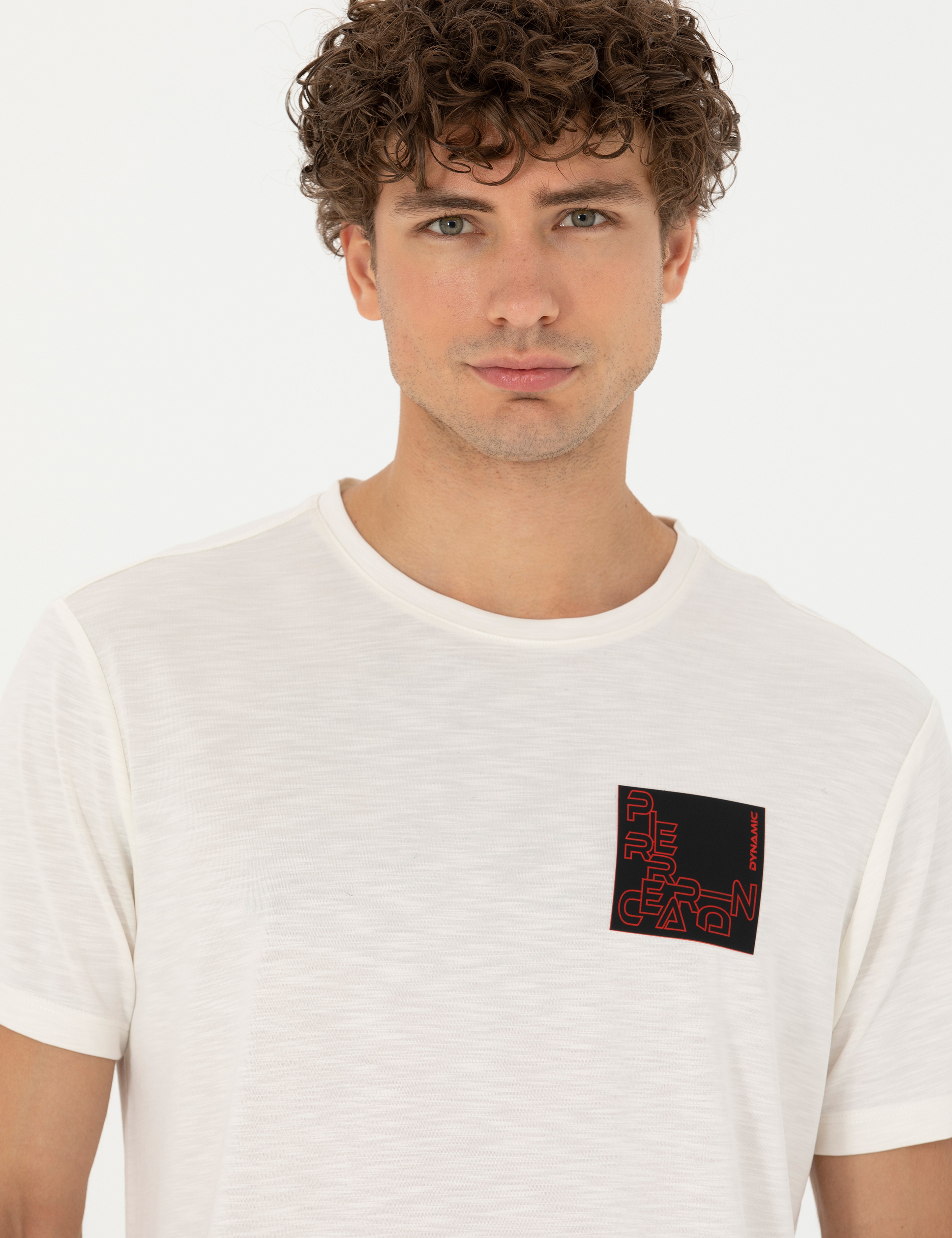 Ekru Slim Fit Bisiklet Yaka Tişört - Image 2