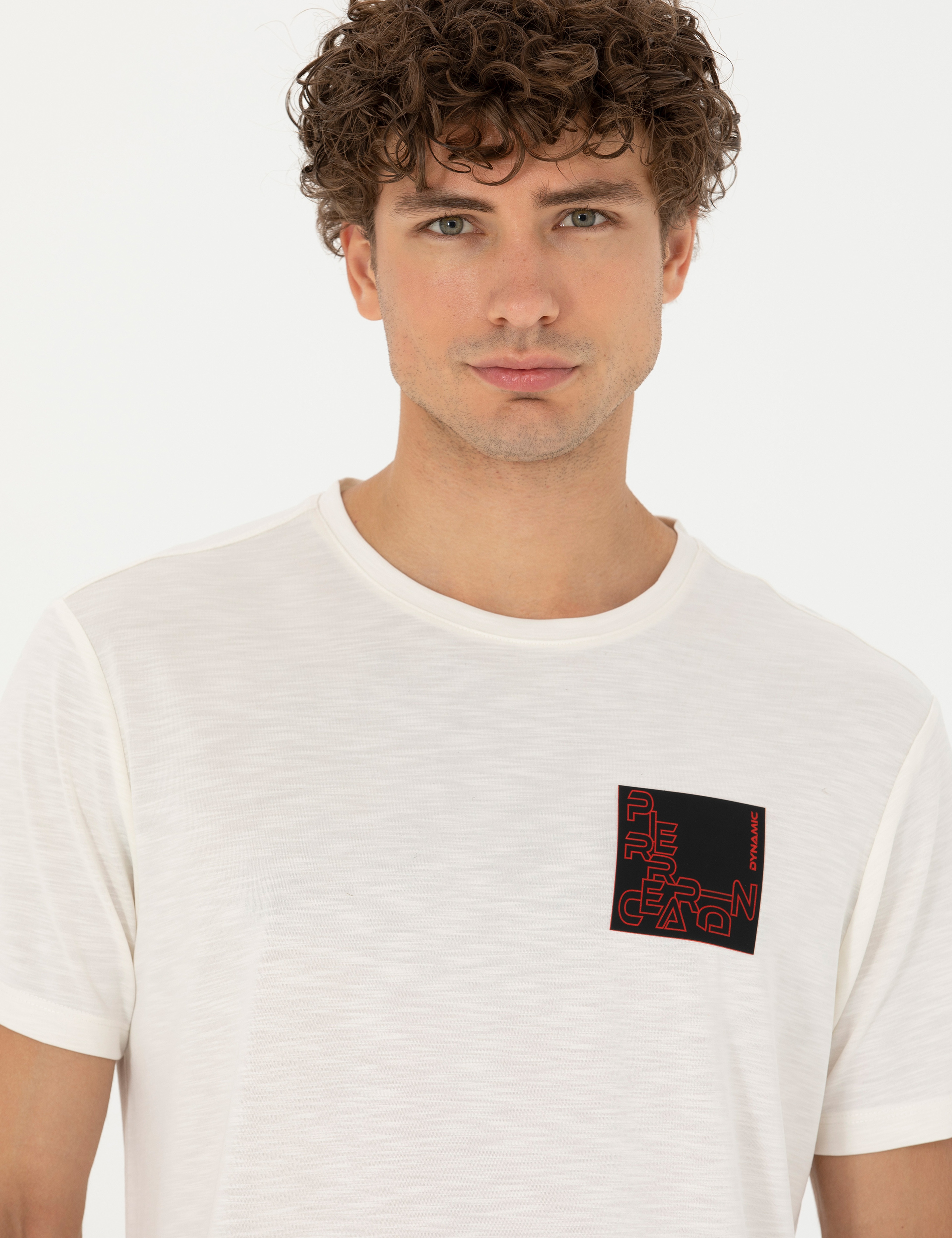 Ekru Slim Fit Bisiklet Yaka Tişört