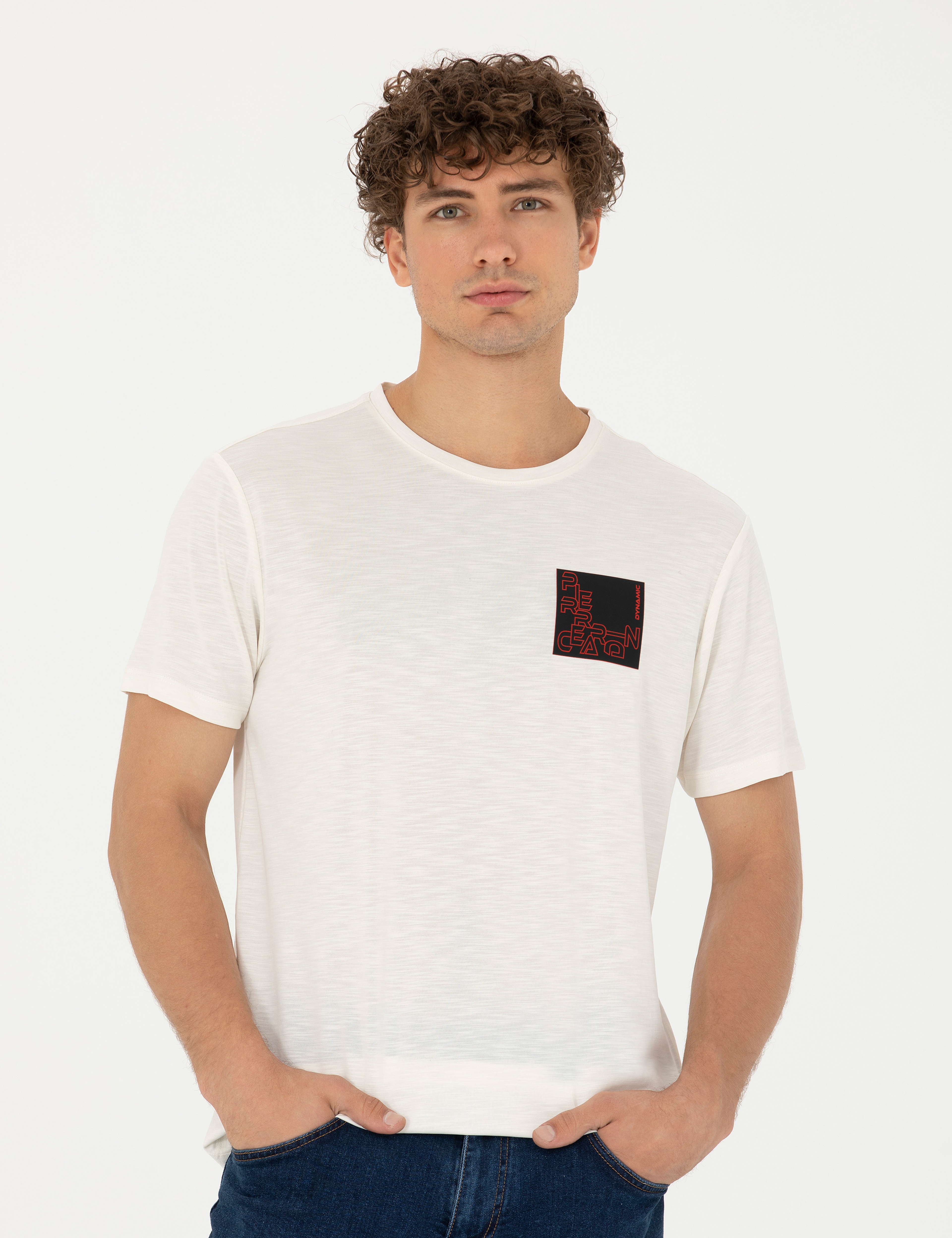 Ekru Slim Fit Bisiklet Yaka Tişört - Image 3