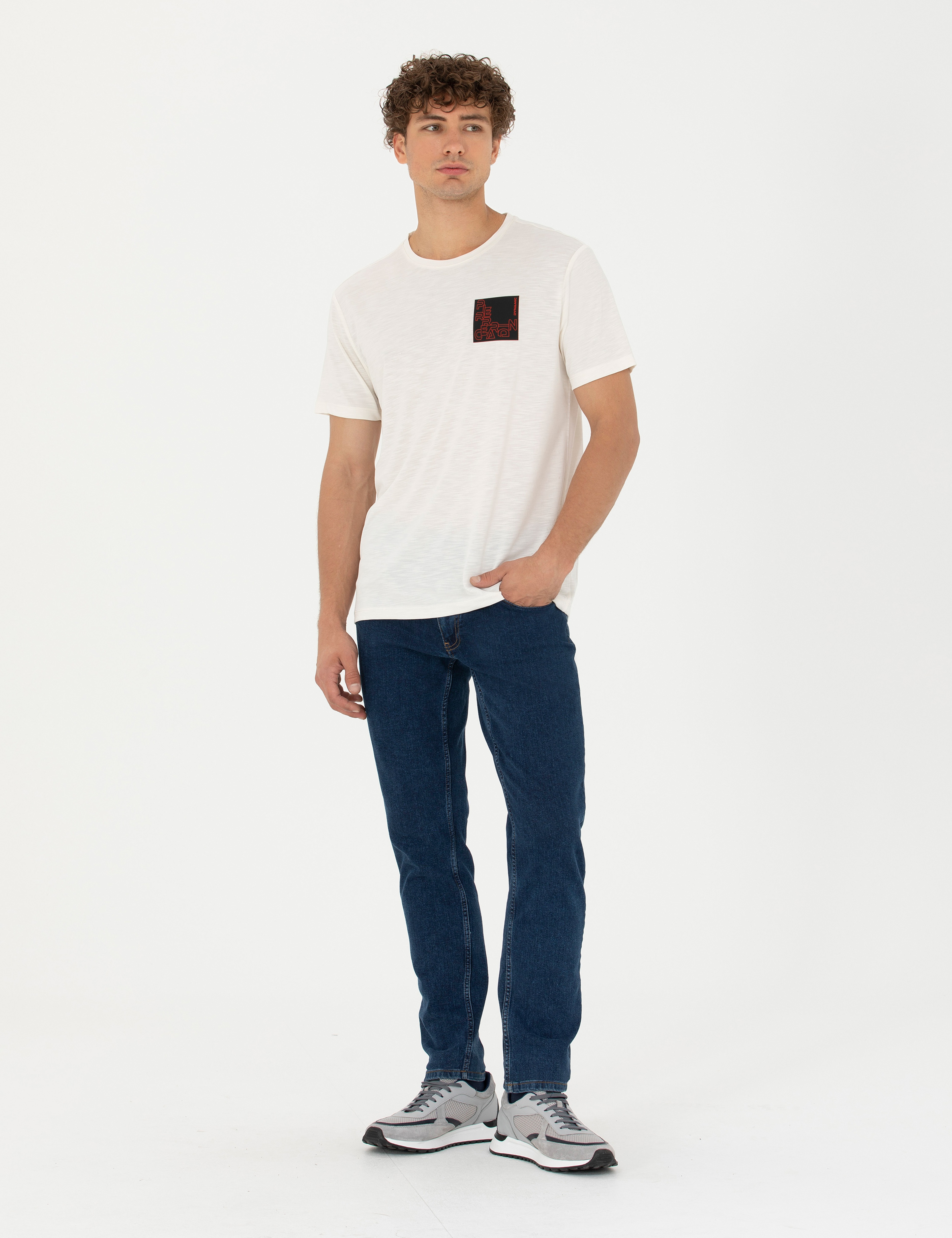 Ekru Slim Fit Bisiklet Yaka Tişört - Image 4