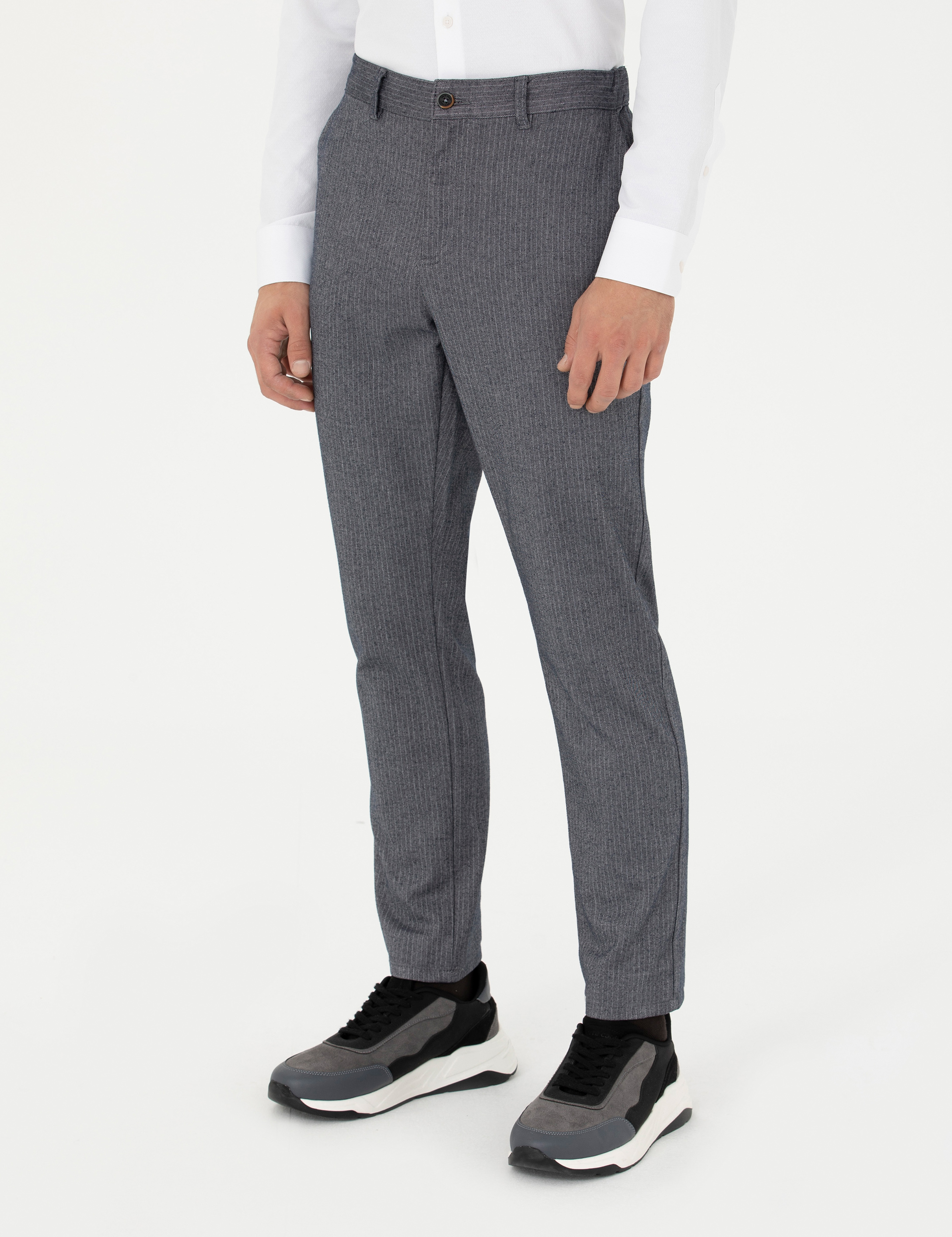 Açık Lacivert Slim Fit Çizgili Kanvas Pantolon - Image 2