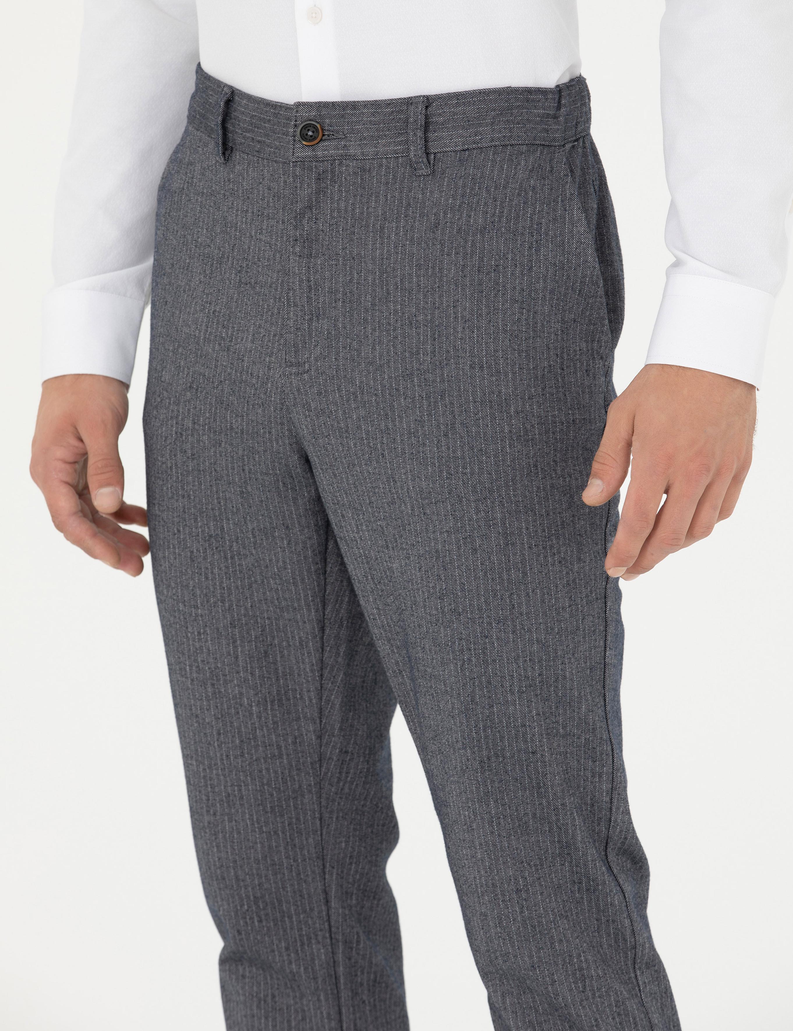 Açık Lacivert Slim Fit Çizgili Kanvas Pantolon