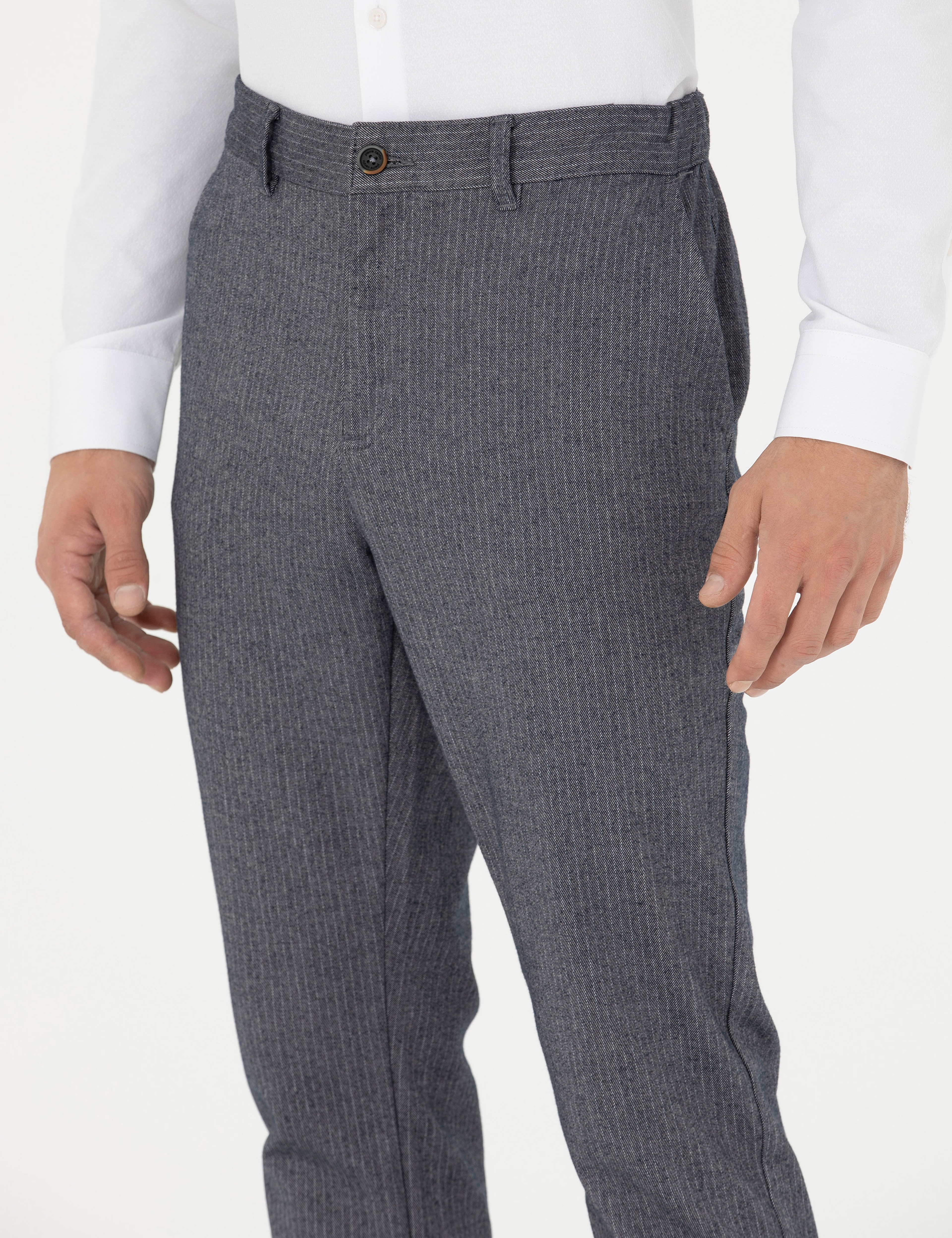 Açık Lacivert Slim Fit Çizgili Kanvas Pantolon - Image 6