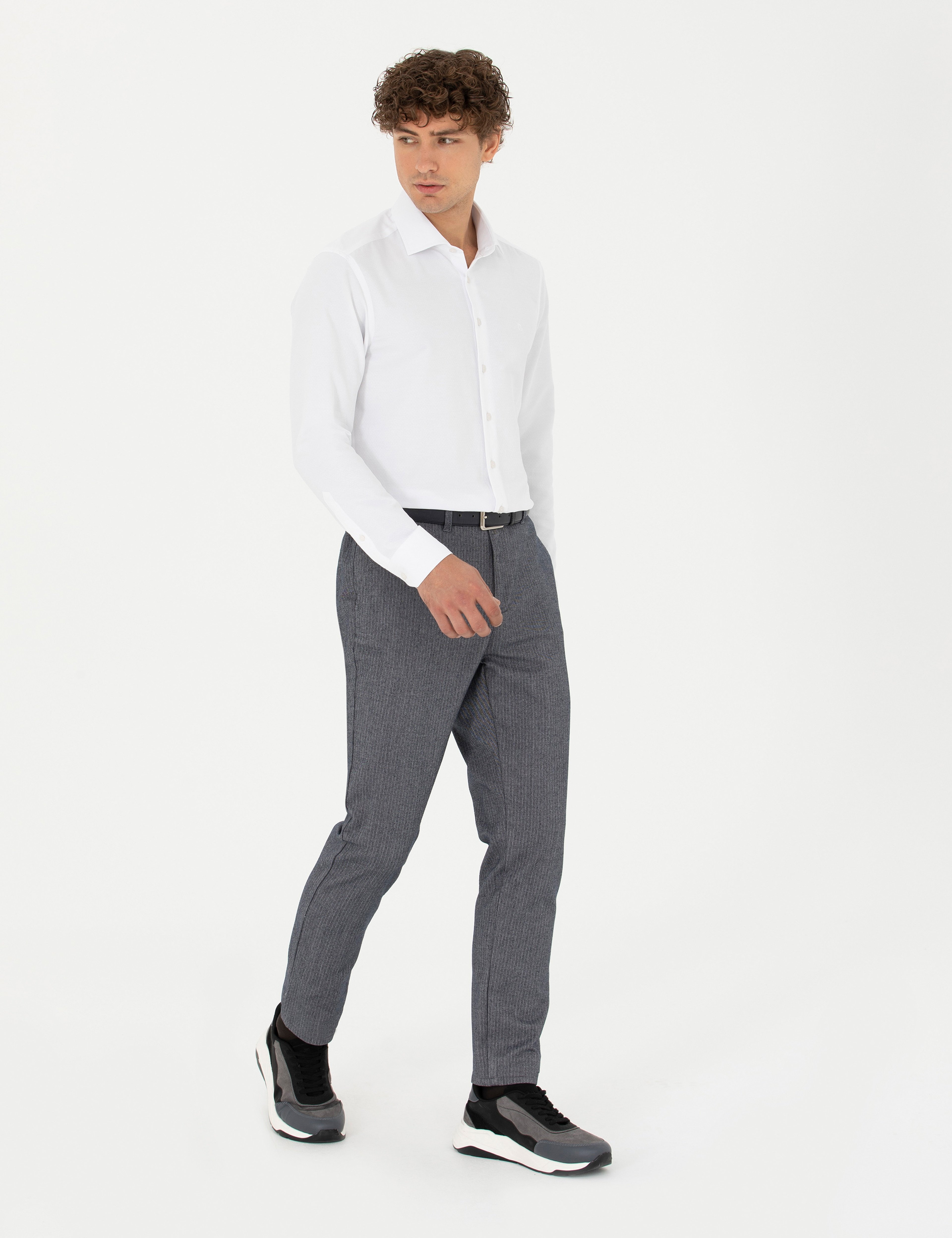 Açık Lacivert Slim Fit Çizgili Kanvas Pantolon