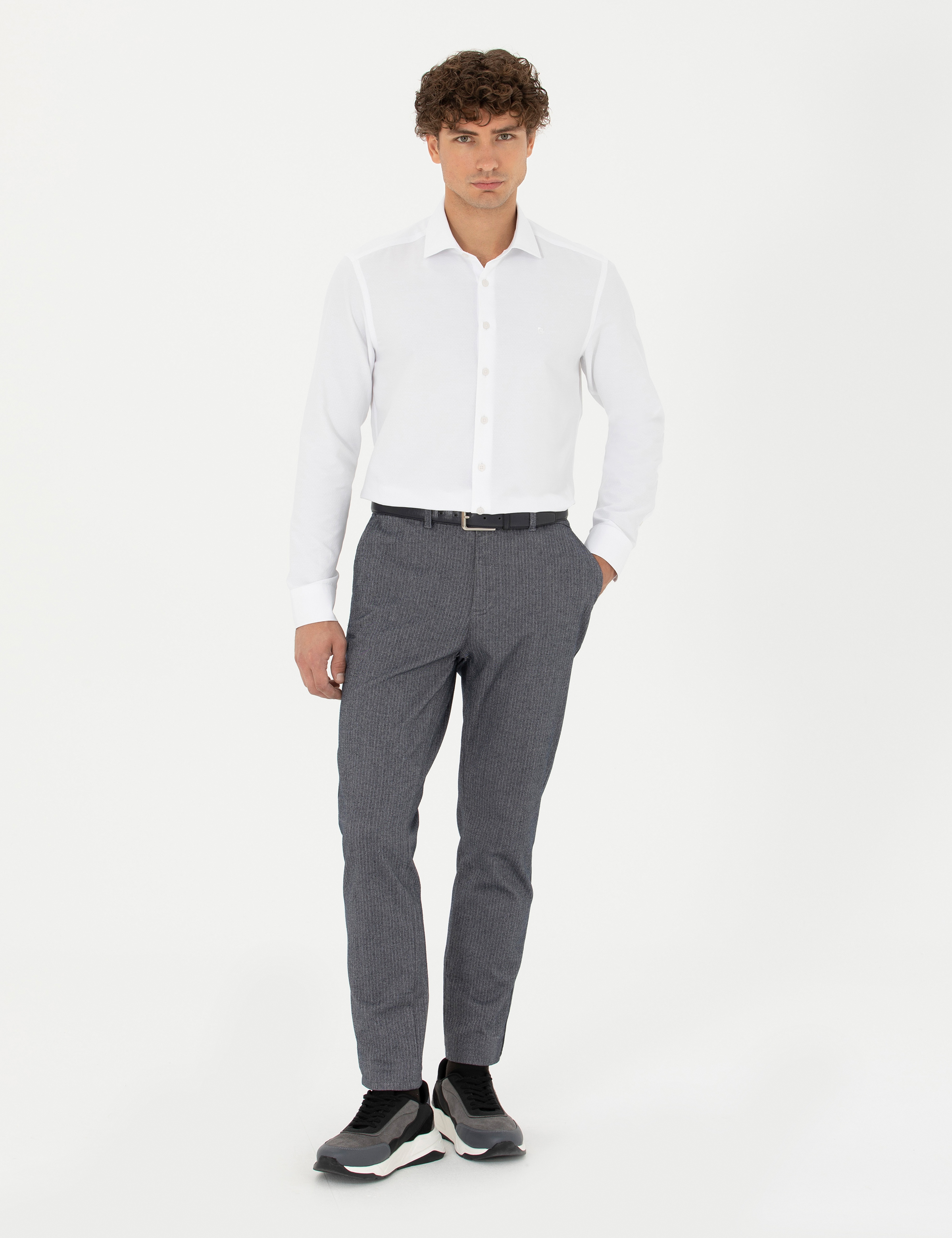 Açık Lacivert Slim Fit Çizgili Kanvas Pantolon - Image 1