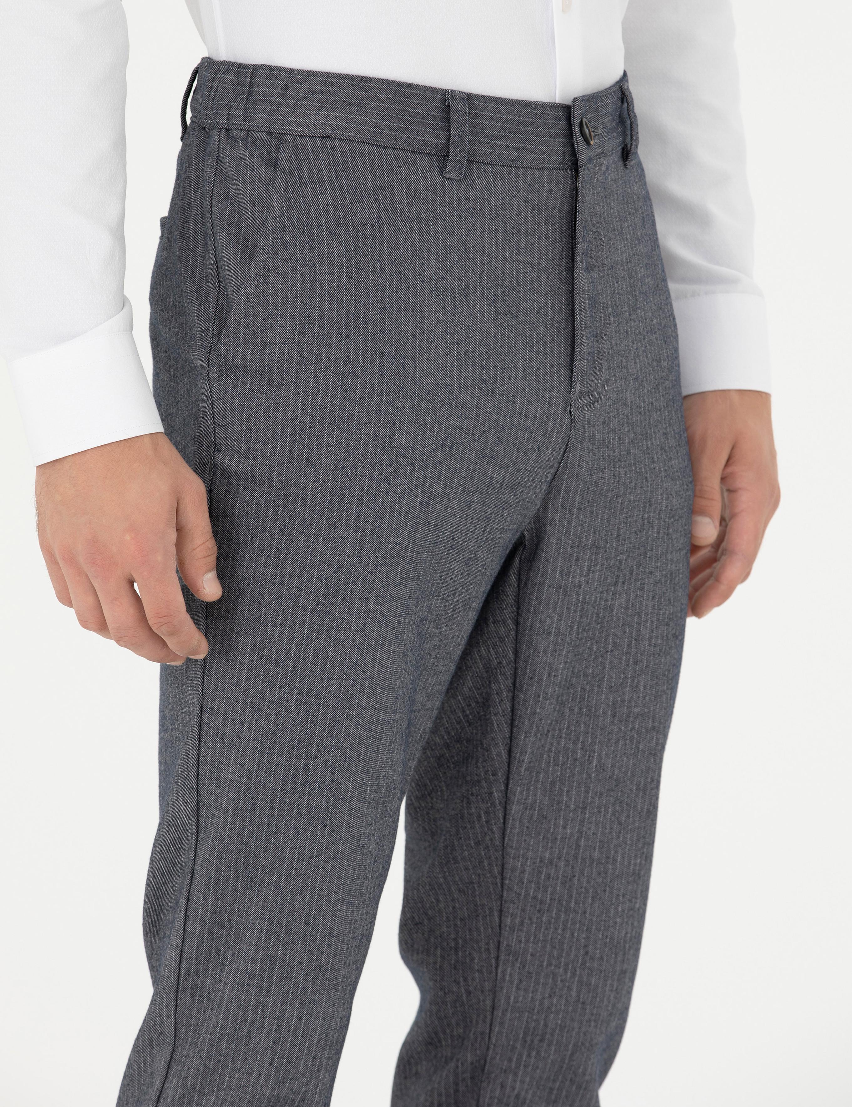 Açık Lacivert Slim Fit Çizgili Kanvas Pantolon