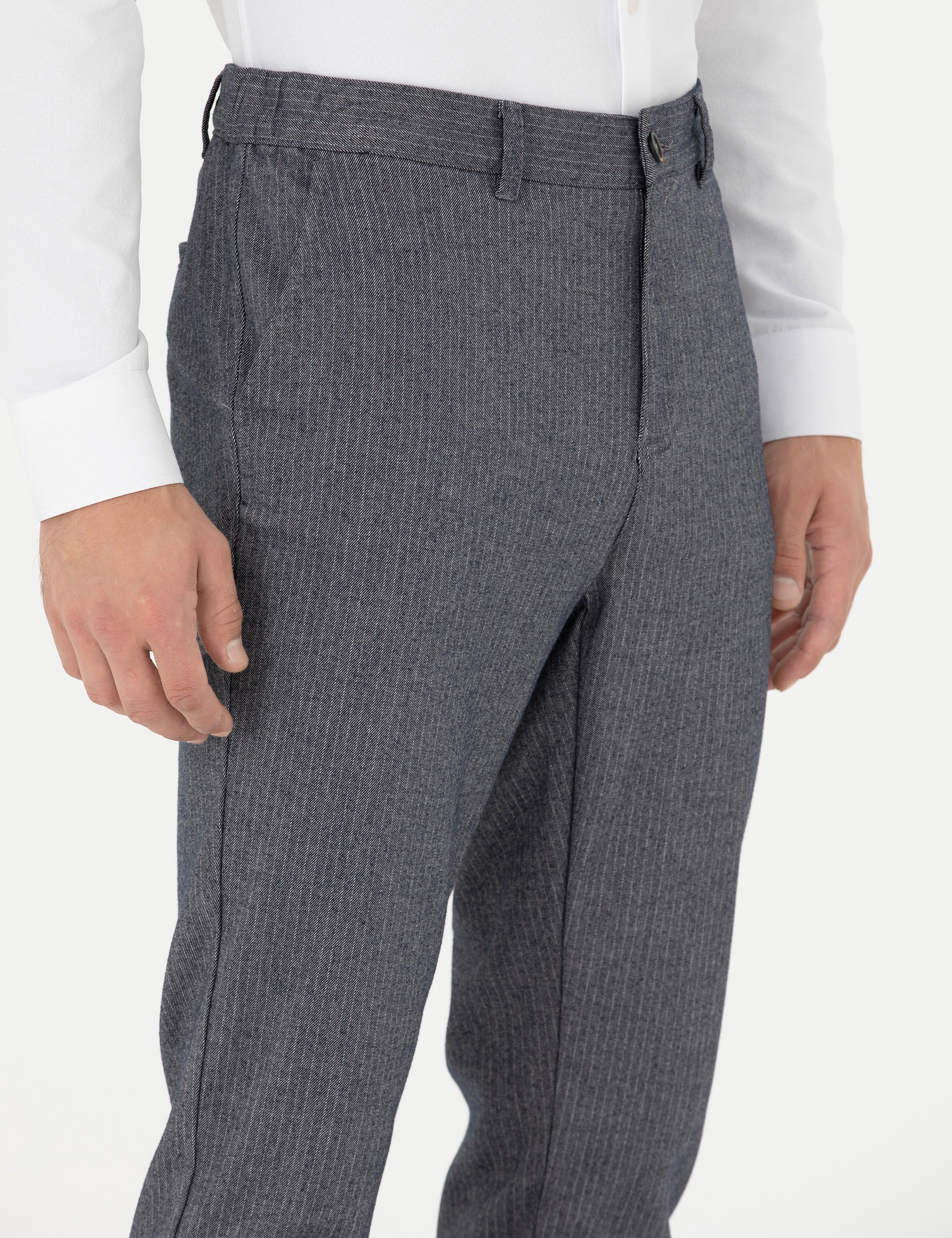 Açık Lacivert Slim Fit Çizgili Kanvas Pantolon