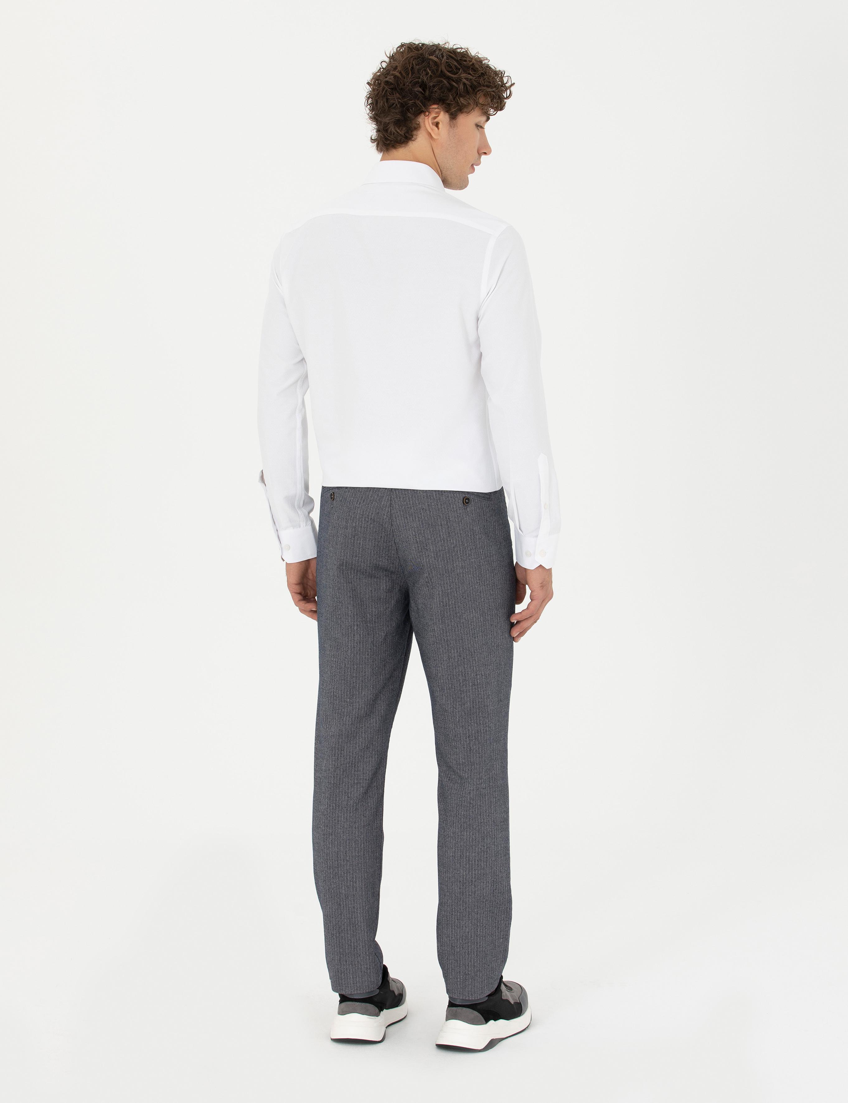 Açık Lacivert Slim Fit Çizgili Kanvas Pantolon