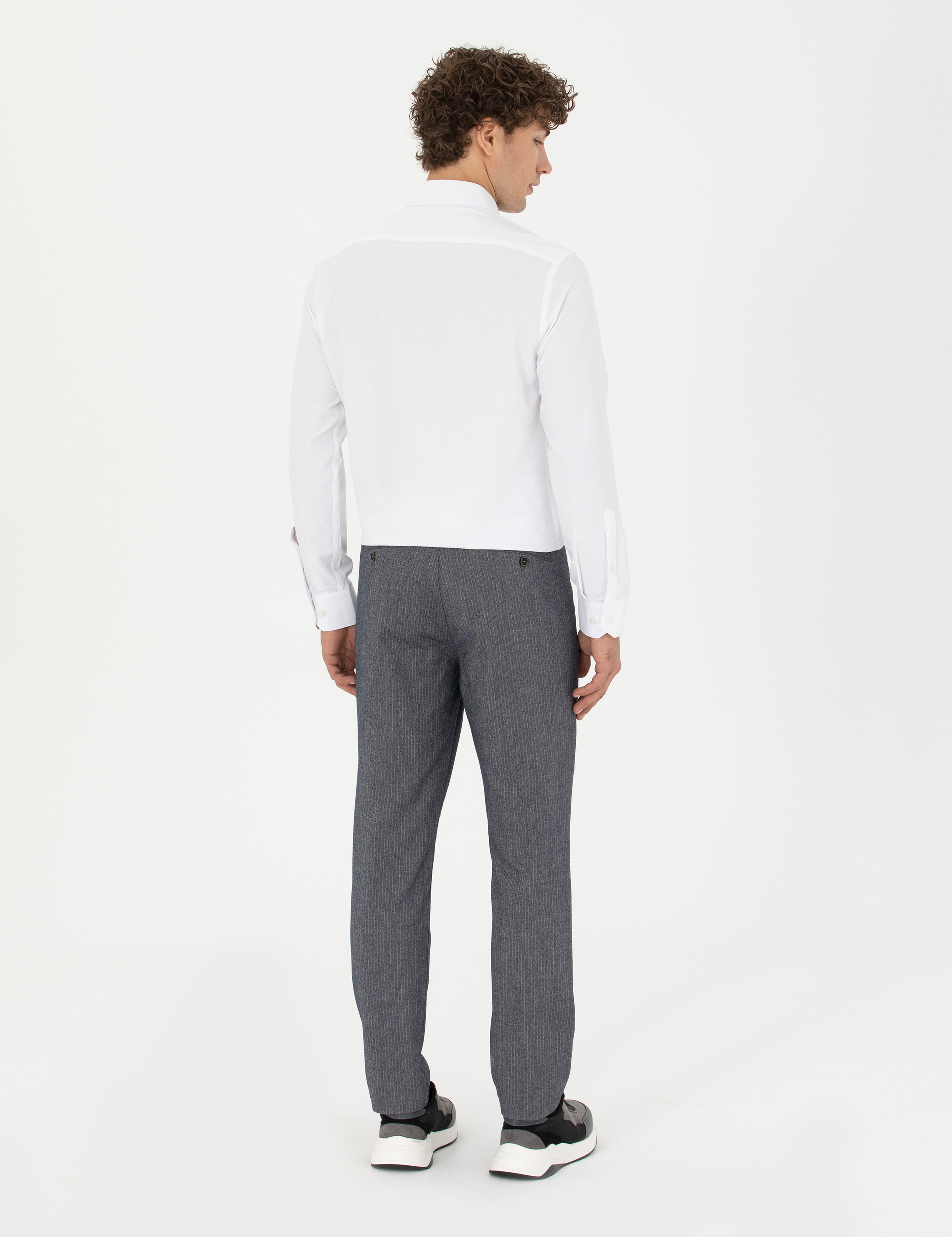 Açık Lacivert Slim Fit Çizgili Kanvas Pantolon - Image 4