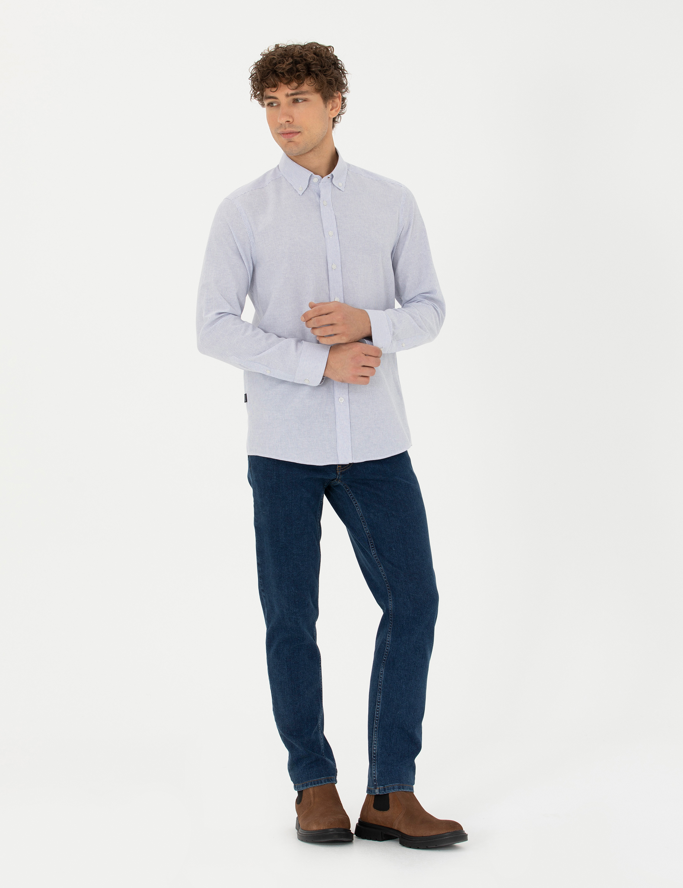 Mavi Slim Fit Uzun Kollu Gömlek - Image 4