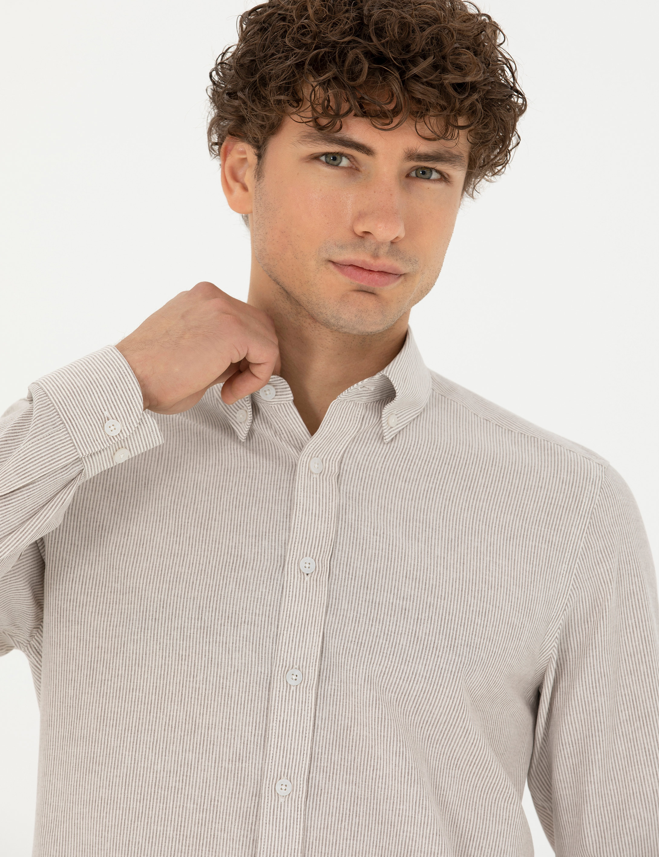 Bej Slim Fit Uzun Kollu Gömlek - Image 2