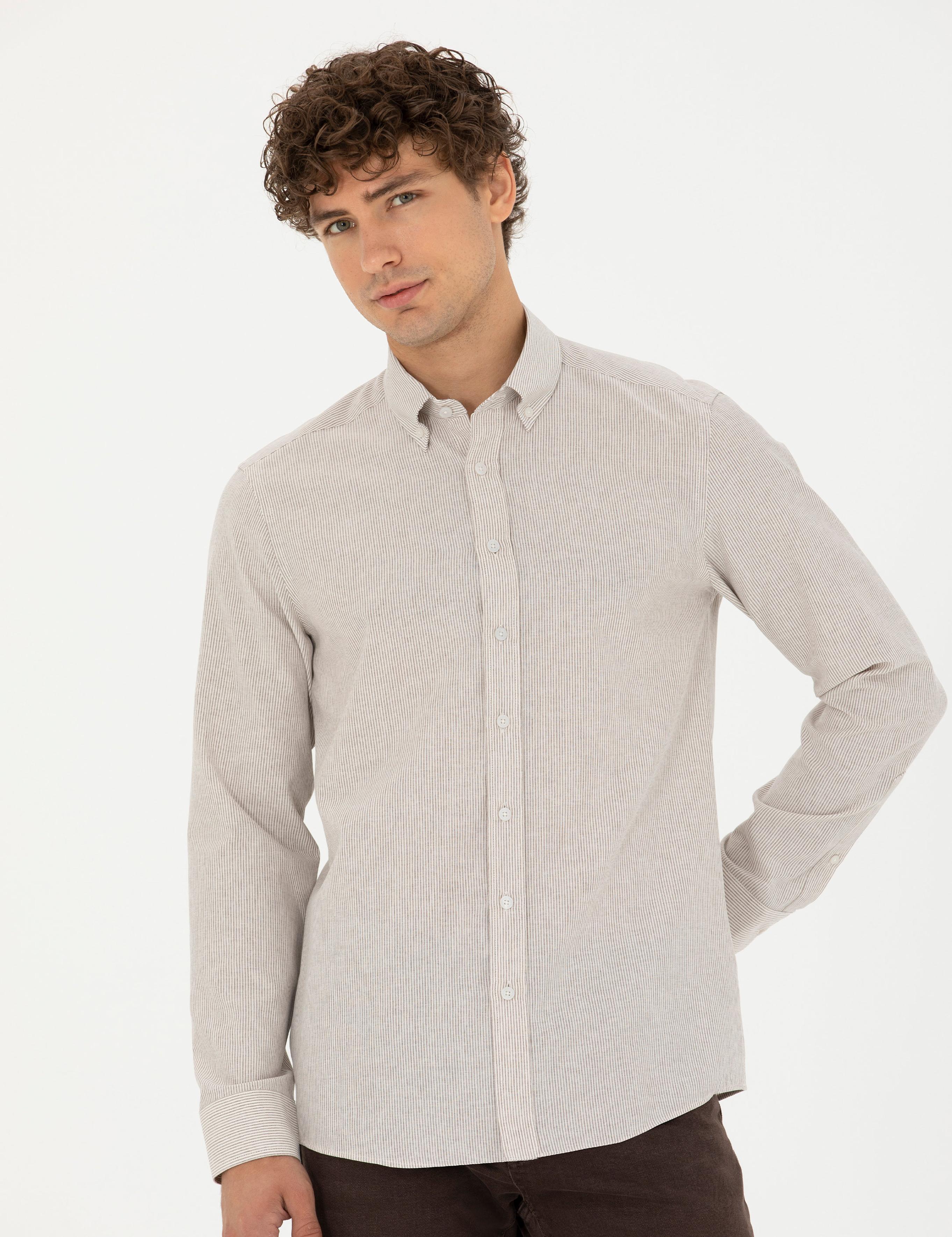 Bej Slim Fit Uzun Kollu Gömlek