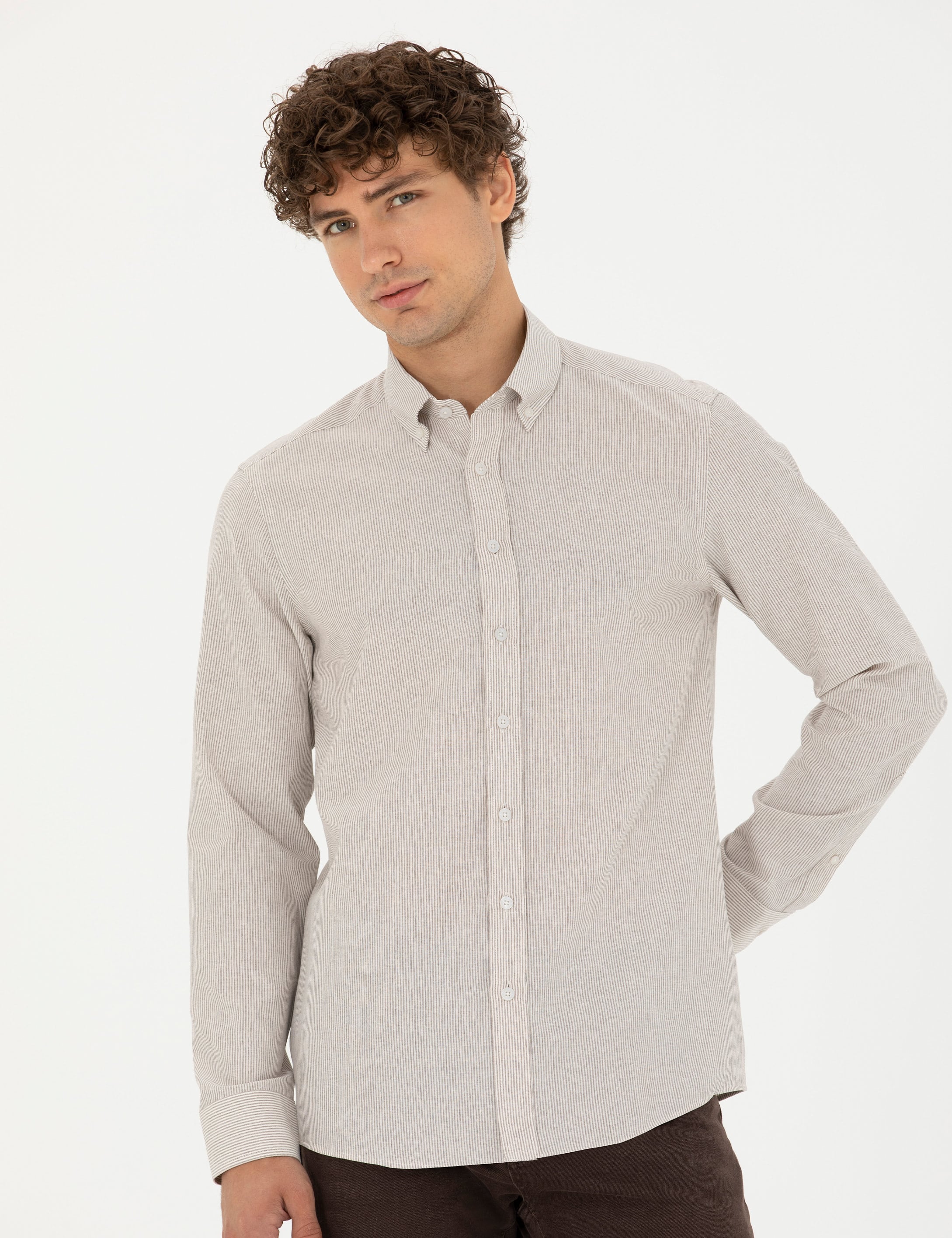 Bej Slim Fit Uzun Kollu Gömlek - Image 3