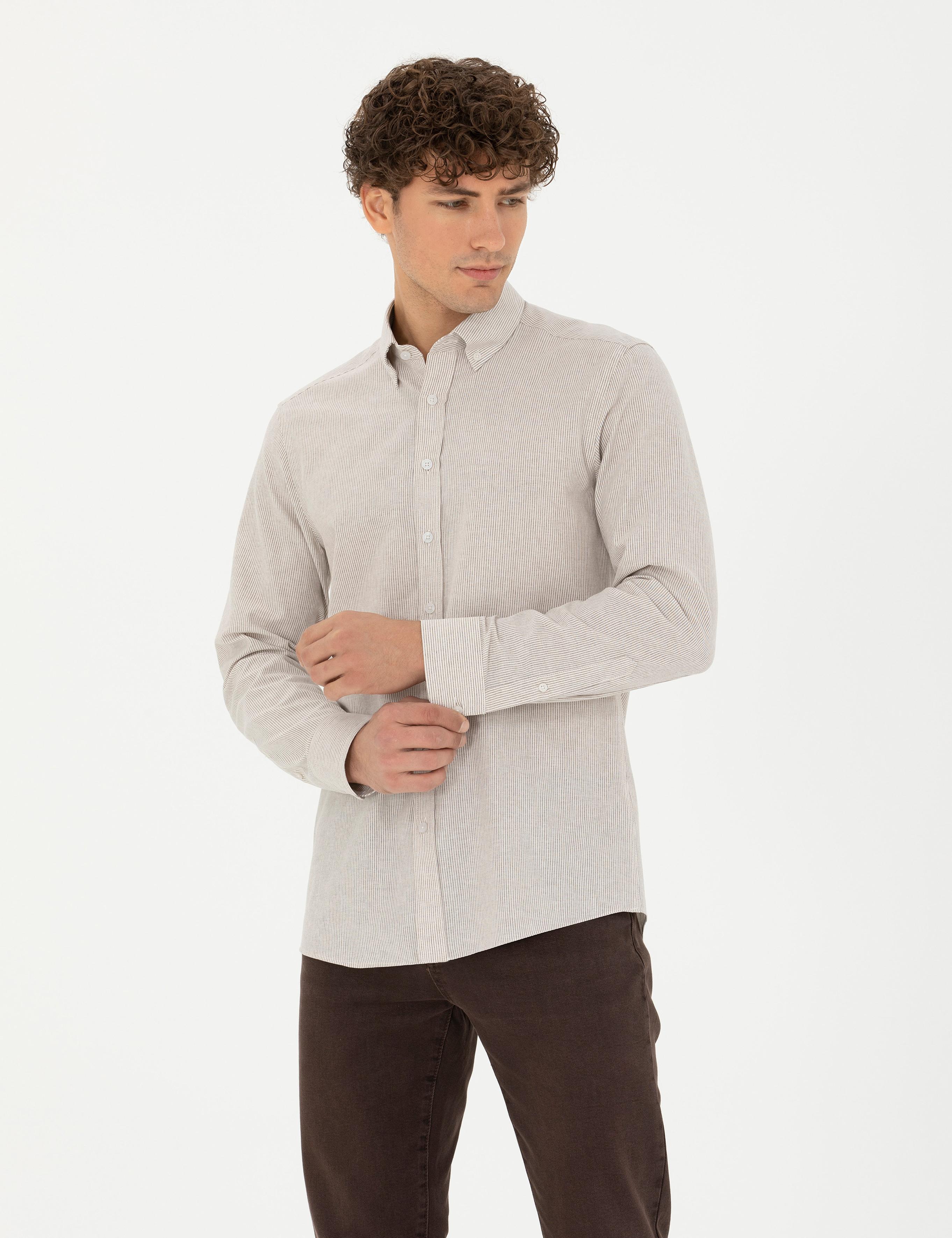 Bej Slim Fit Uzun Kollu Gömlek