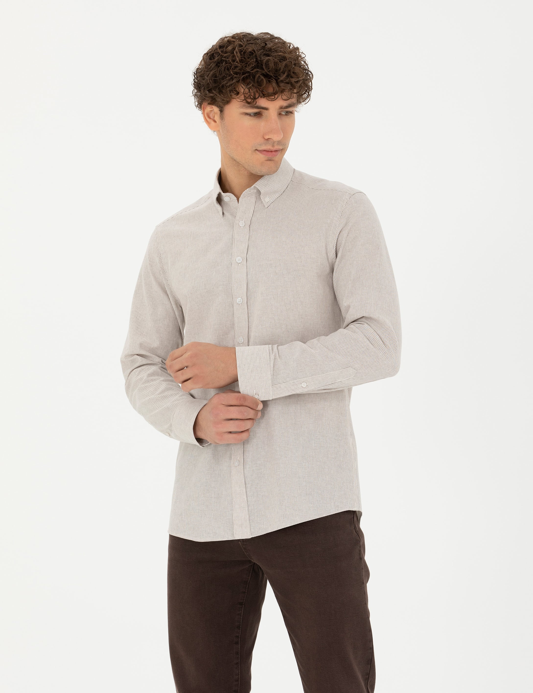 Bej Slim Fit Uzun Kollu Gömlek - Image 1