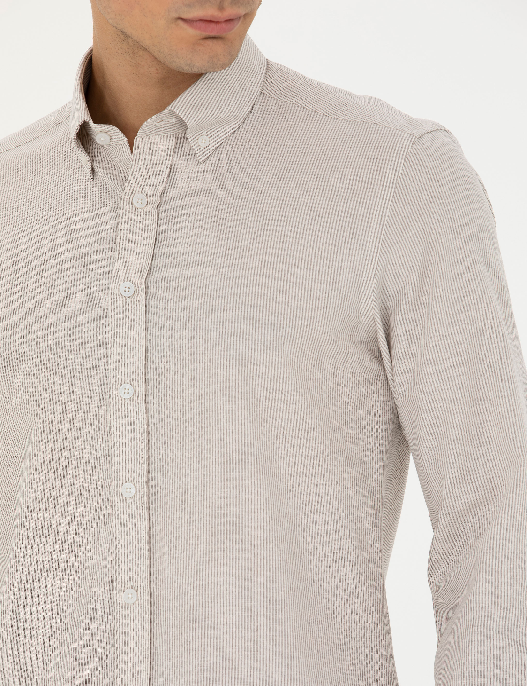 Bej Slim Fit Uzun Kollu Gömlek - Image 7