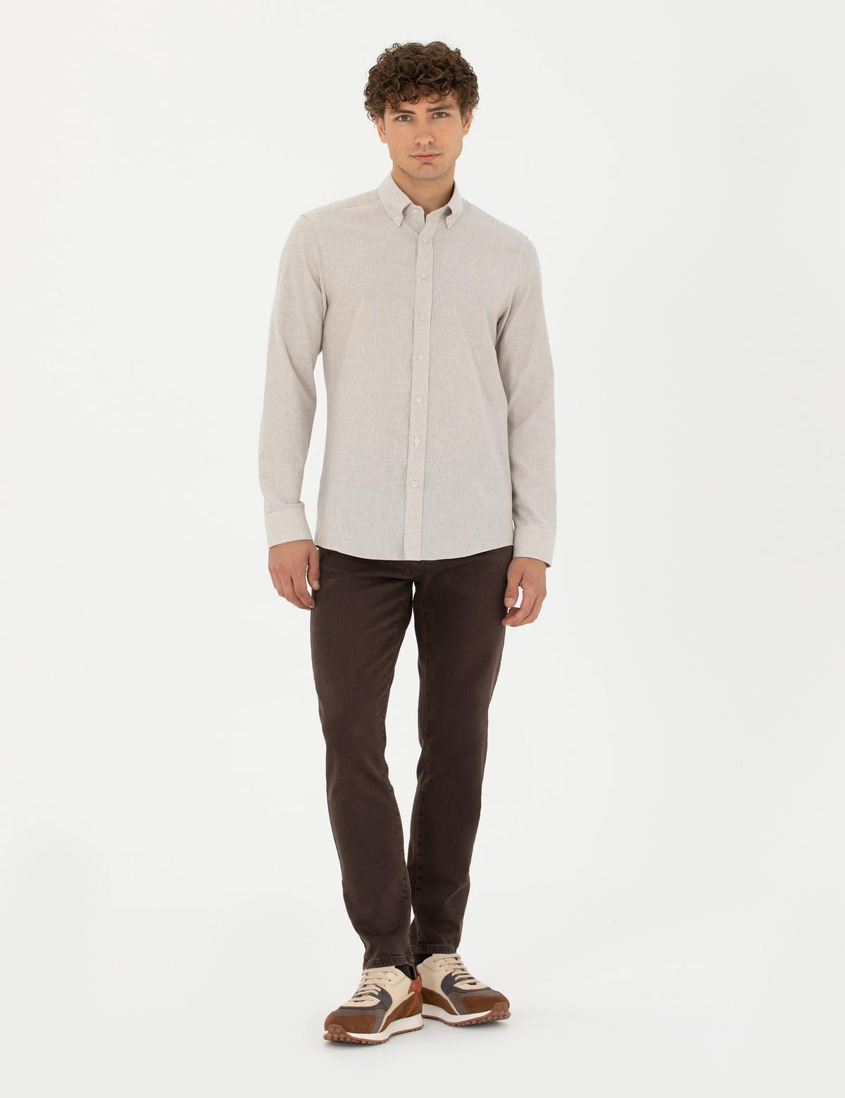 Bej Slim Fit Uzun Kollu Gömlek - 50277750014