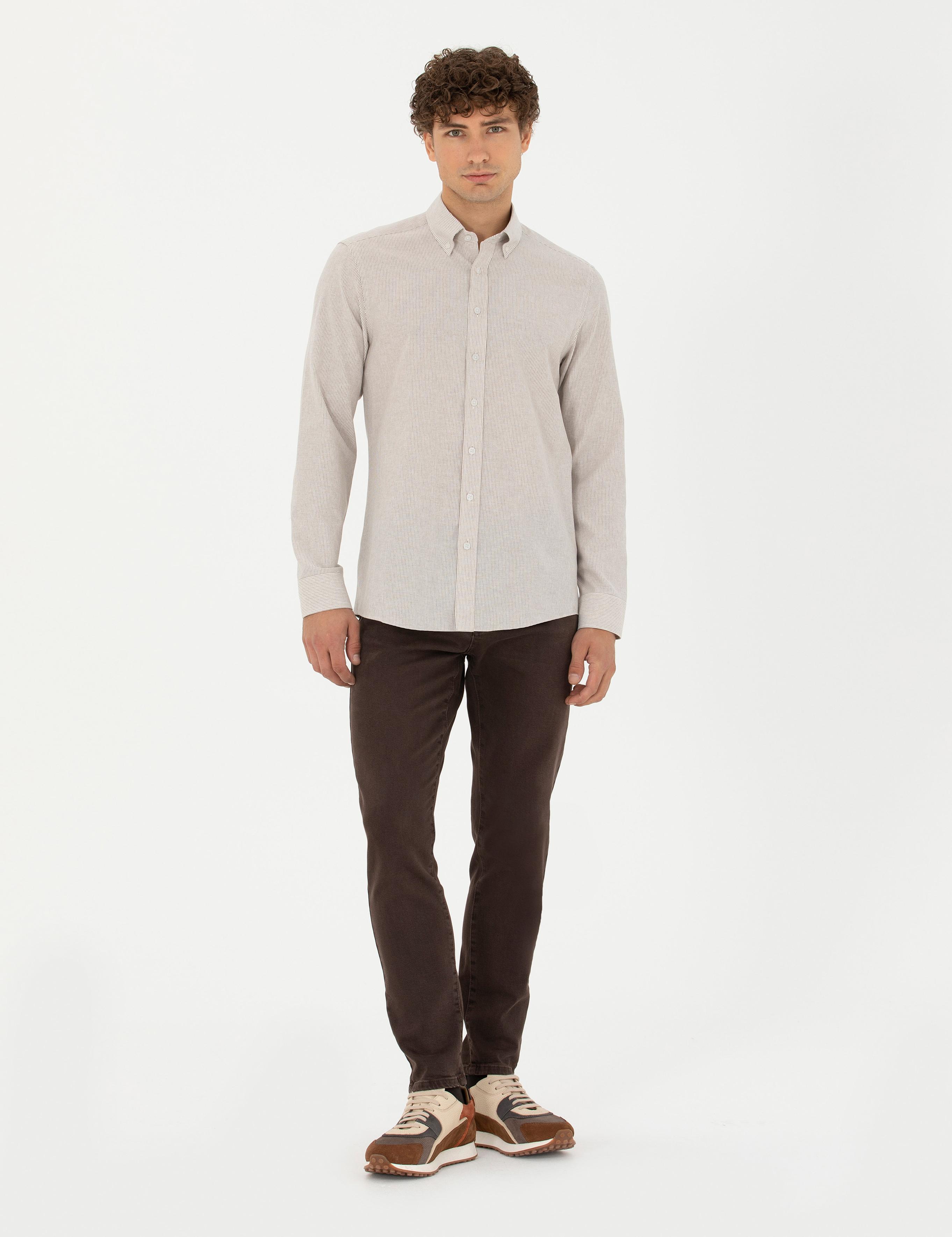 Bej Slim Fit Uzun Kollu Gömlek