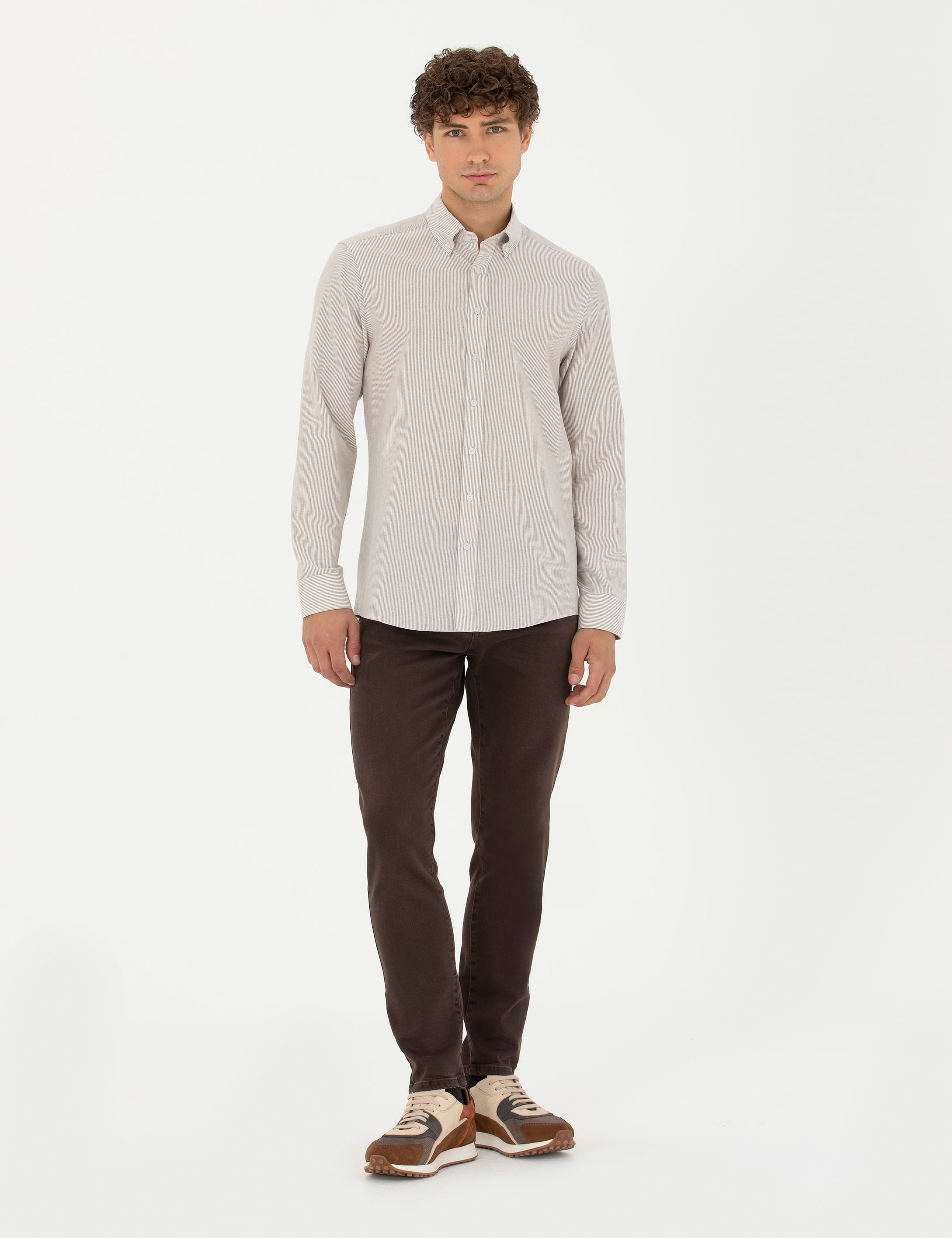 Bej Slim Fit Uzun Kollu Gömlek - Image 4