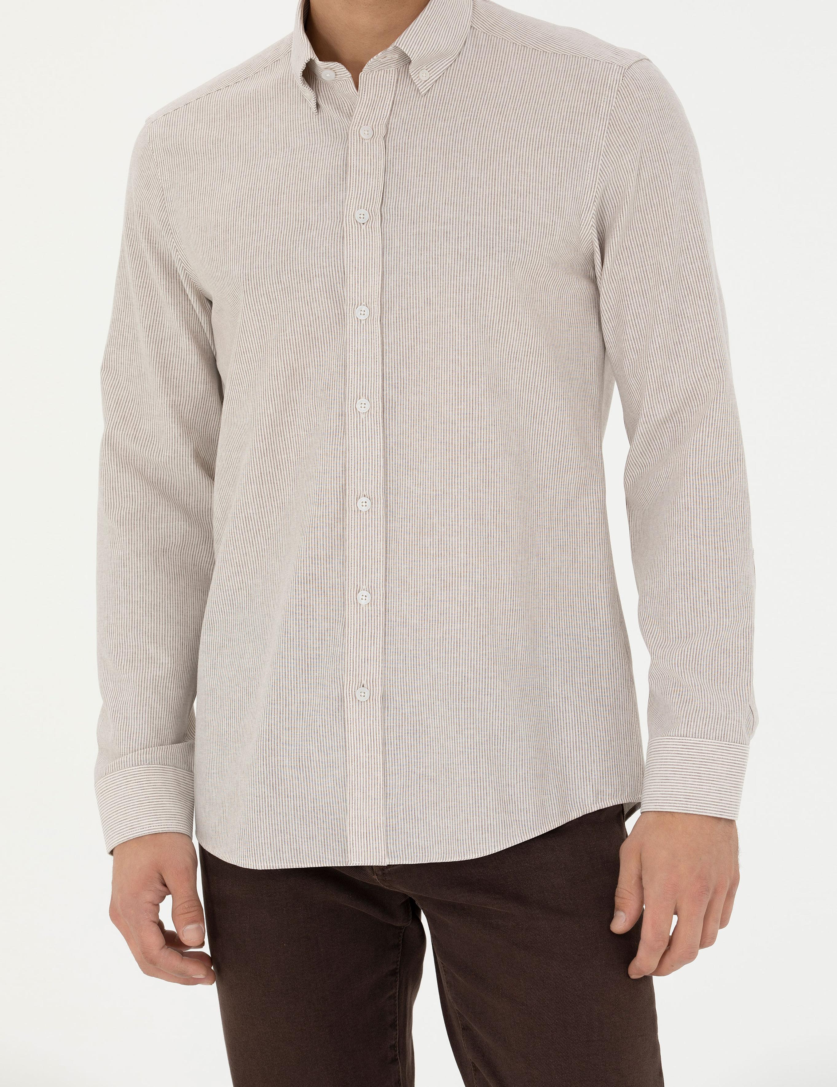 Bej Slim Fit Uzun Kollu Gömlek