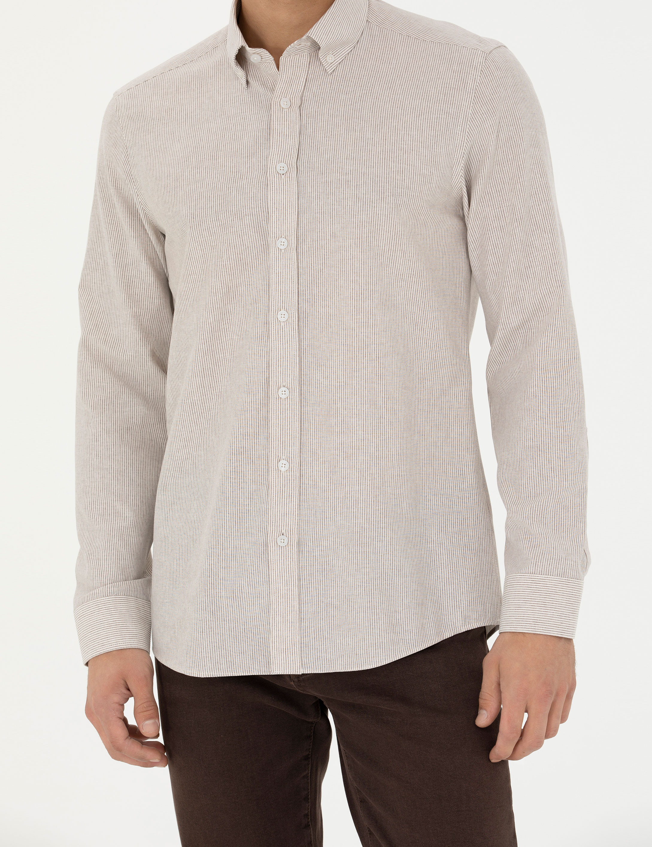 Bej Slim Fit Uzun Kollu Gömlek - Image 6