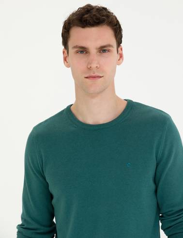 Yeşil Slim Fit Bisiklet Yaka Basic Triko Kazak