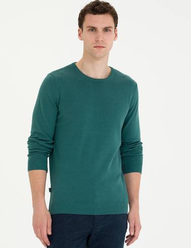 Yeşil Slim Fit Bisiklet Yaka Basic Triko Kazak
