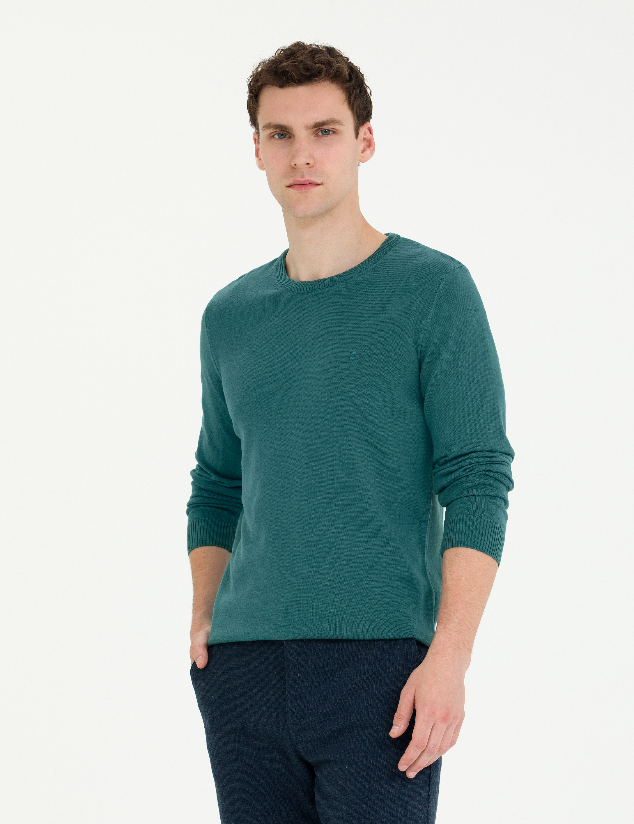 Yeşil Slim Fit Bisiklet Yaka Basic Triko Kazak - Image 1